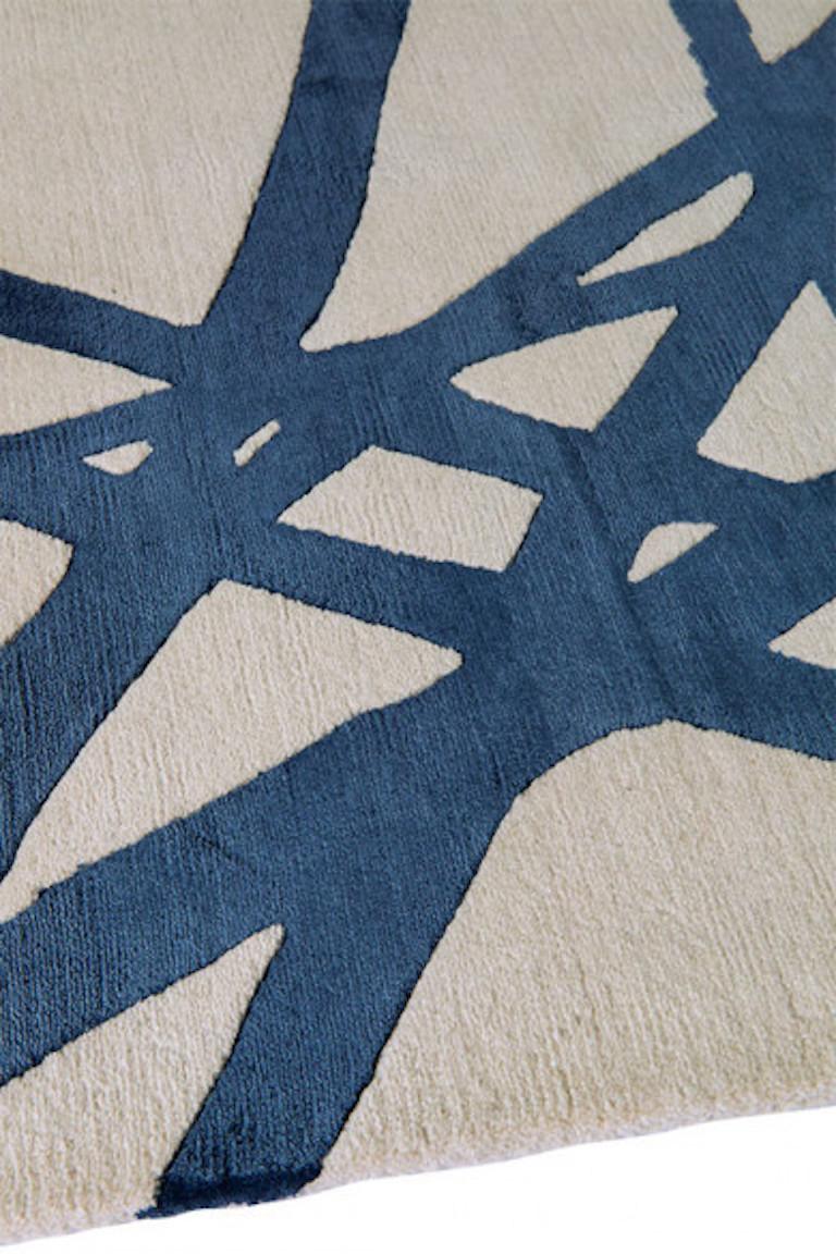 Modern Channels Indigo Runner in Hand Knotted Wool and Silk by Kelly Wearstler For Sale