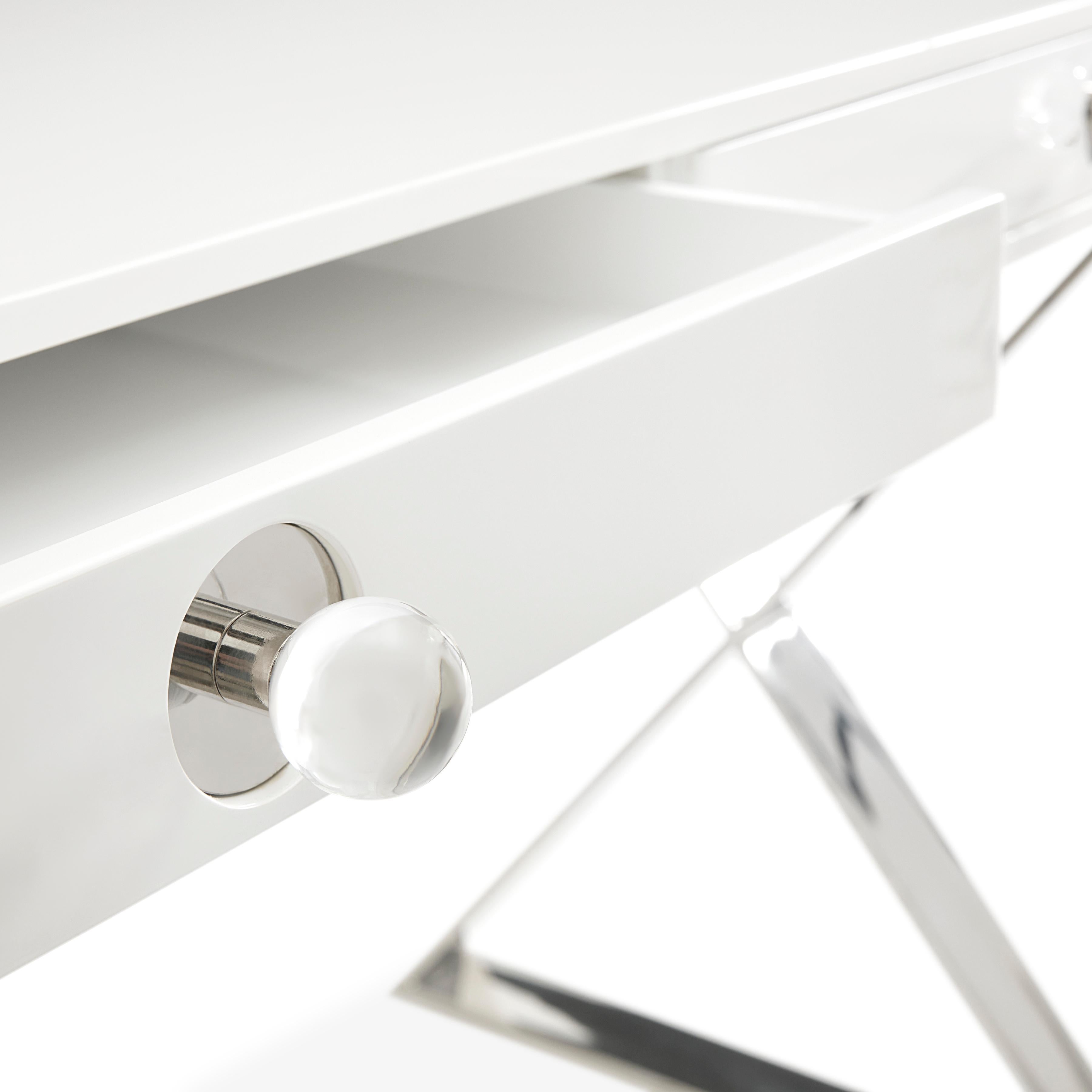 Polished Channing Desk in White Lacquer and Nickel