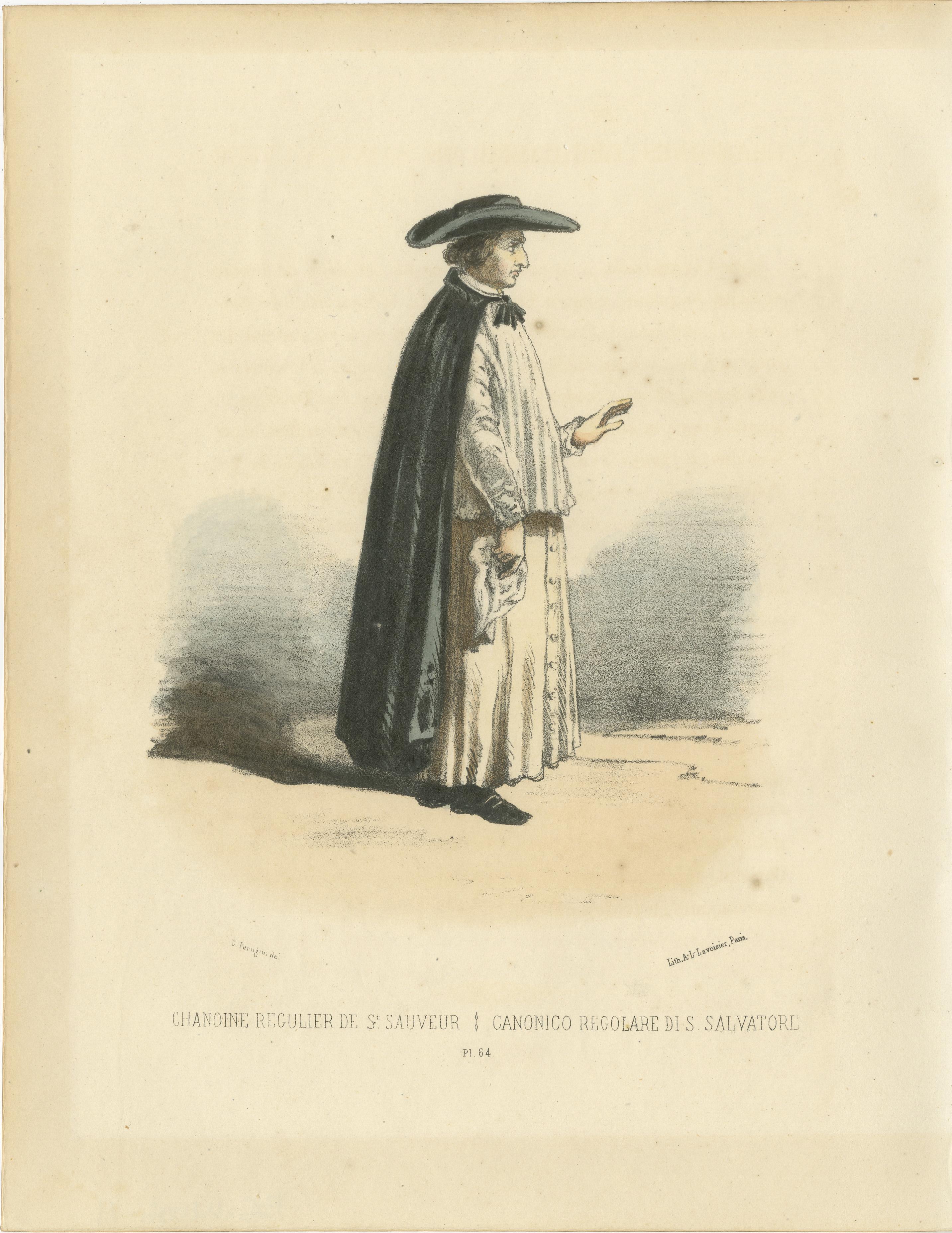 Chanoine Régulier de St. Sauveur - 1862 Handkolorierte Lithographie eines Regularkanonikus von St. Salvator  

Diese handkolorierte Lithografie aus dem Jahr 1862 zeigt einen Chanoine Régulier de St. Sauveur oder Kanoniker von St. Salvator in der