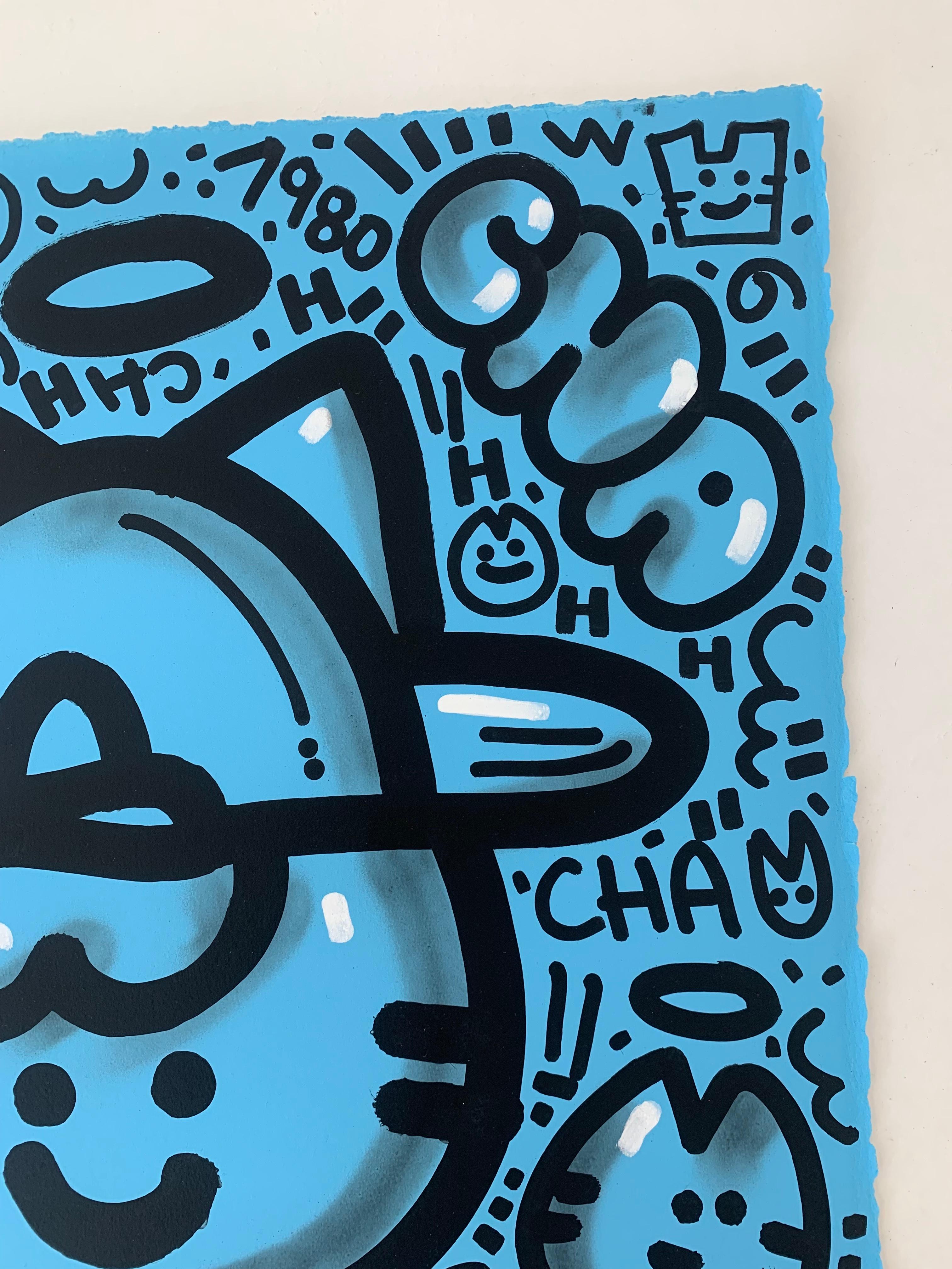 BLUE KITTEN von CHANOIR, französischer Stadtkünstler, Acryl und Sprühfarbe auf Papier im Angebot 1