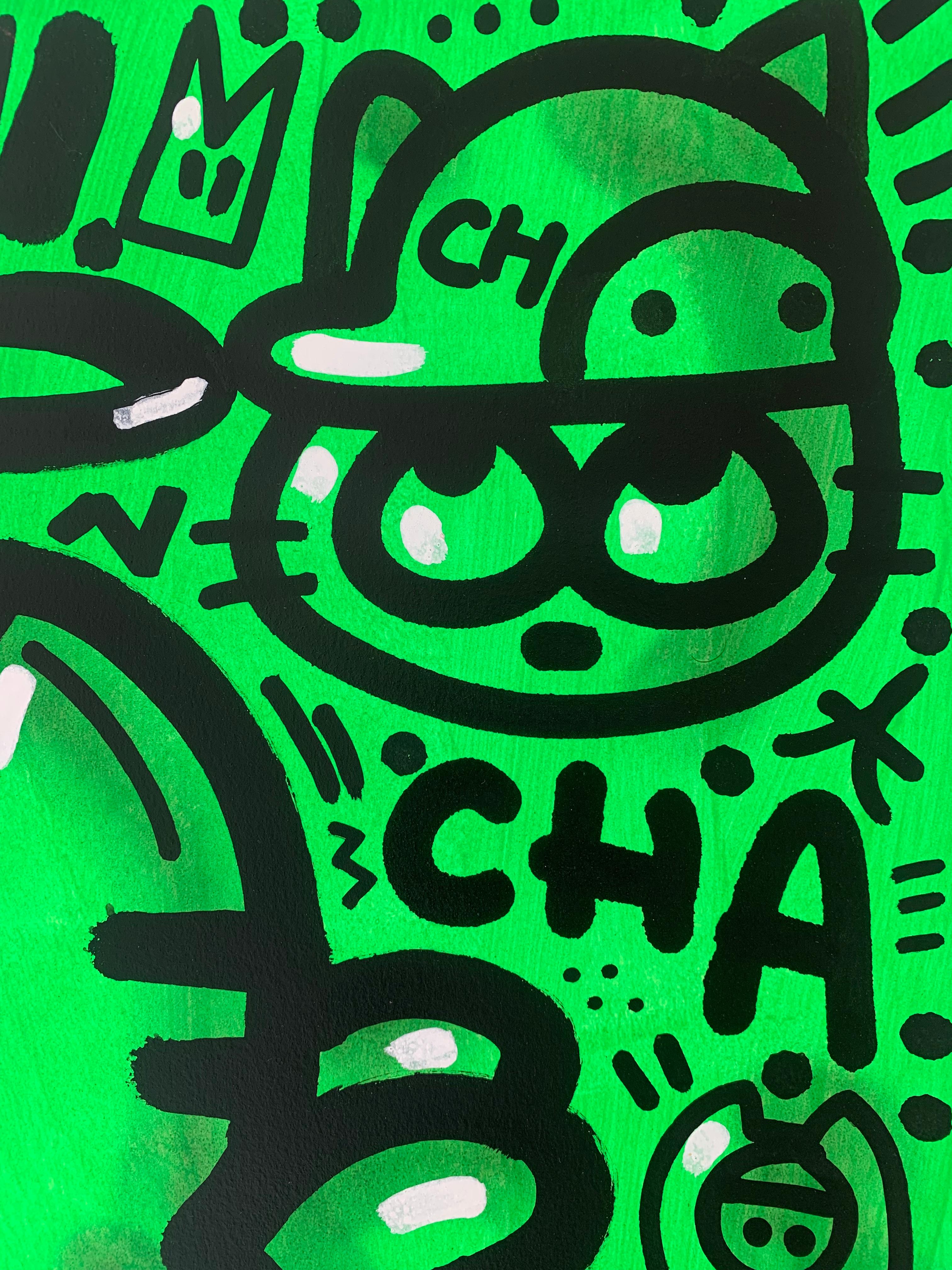 GREEN LOVE von CHANOIR, französischer Stadtkünstler, Acryl und Sprühfarbe auf Papier (Streetart), Painting, von Chanoir
