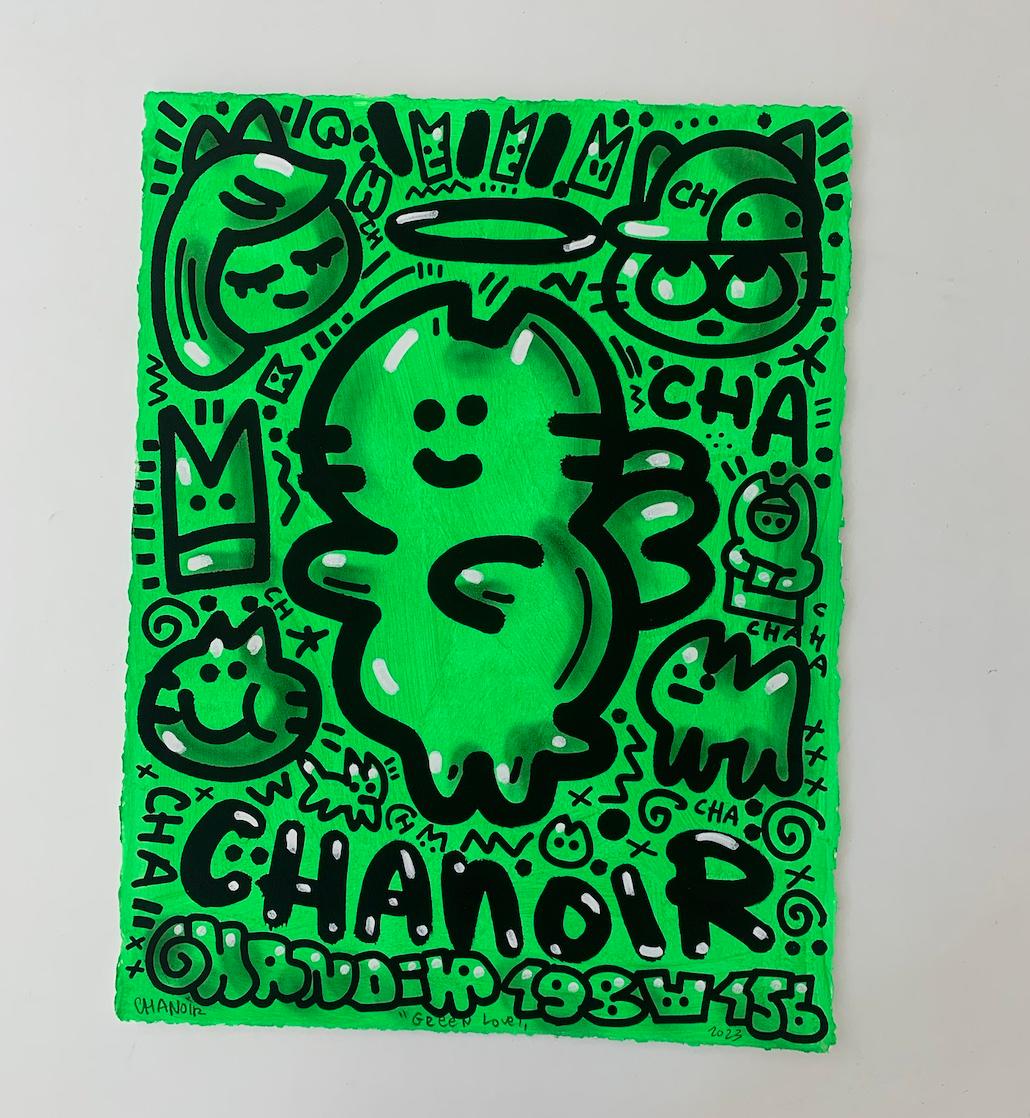 GREEN LOVE by CHANOIR, French Urban Artist, Acrylic and Spray on Paper For Sale 1