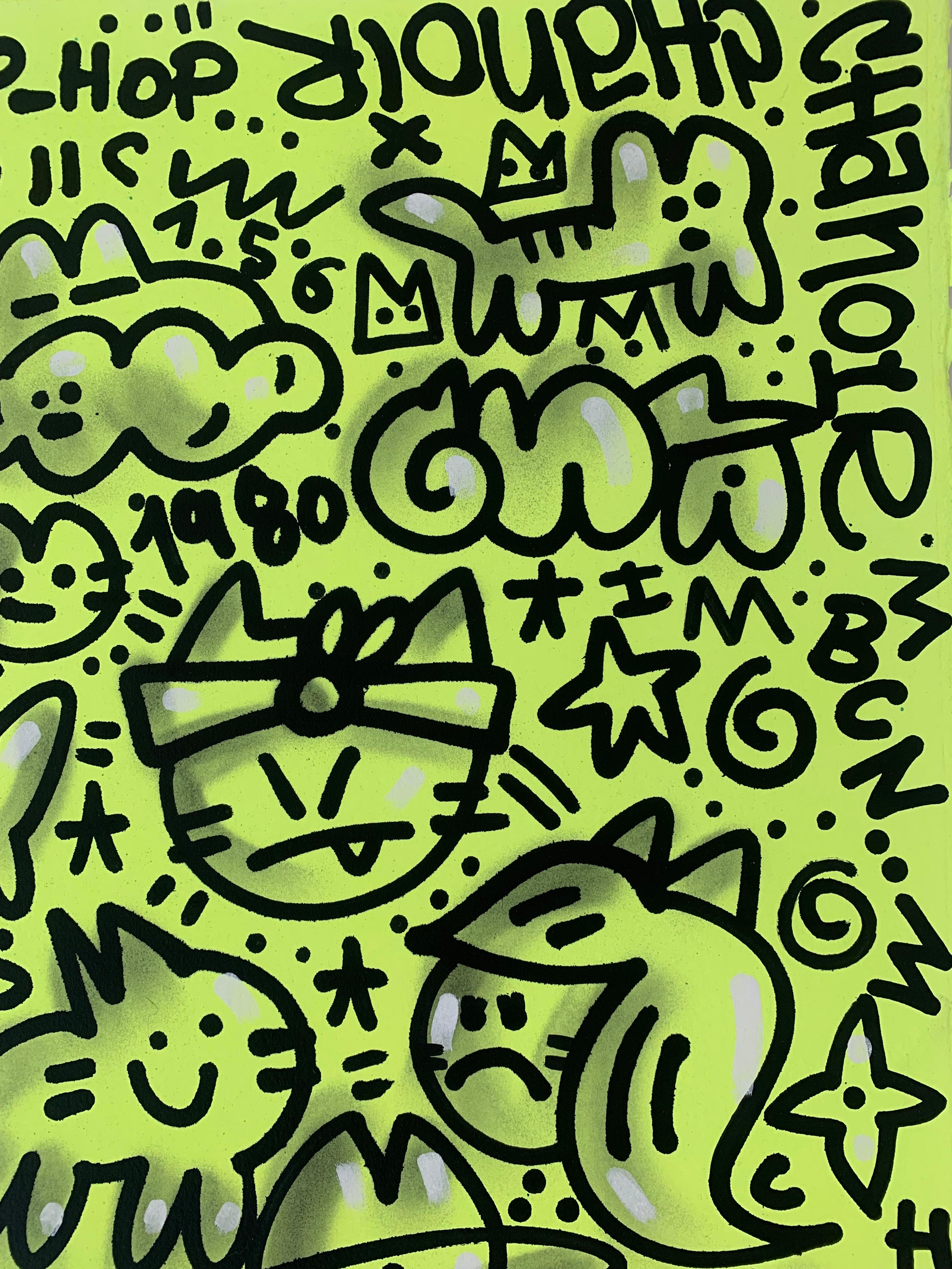 LIGHT YELLOW CATS by CHANOIR, French Urban Artist, Acrylic and Spray on Paper For Sale 1