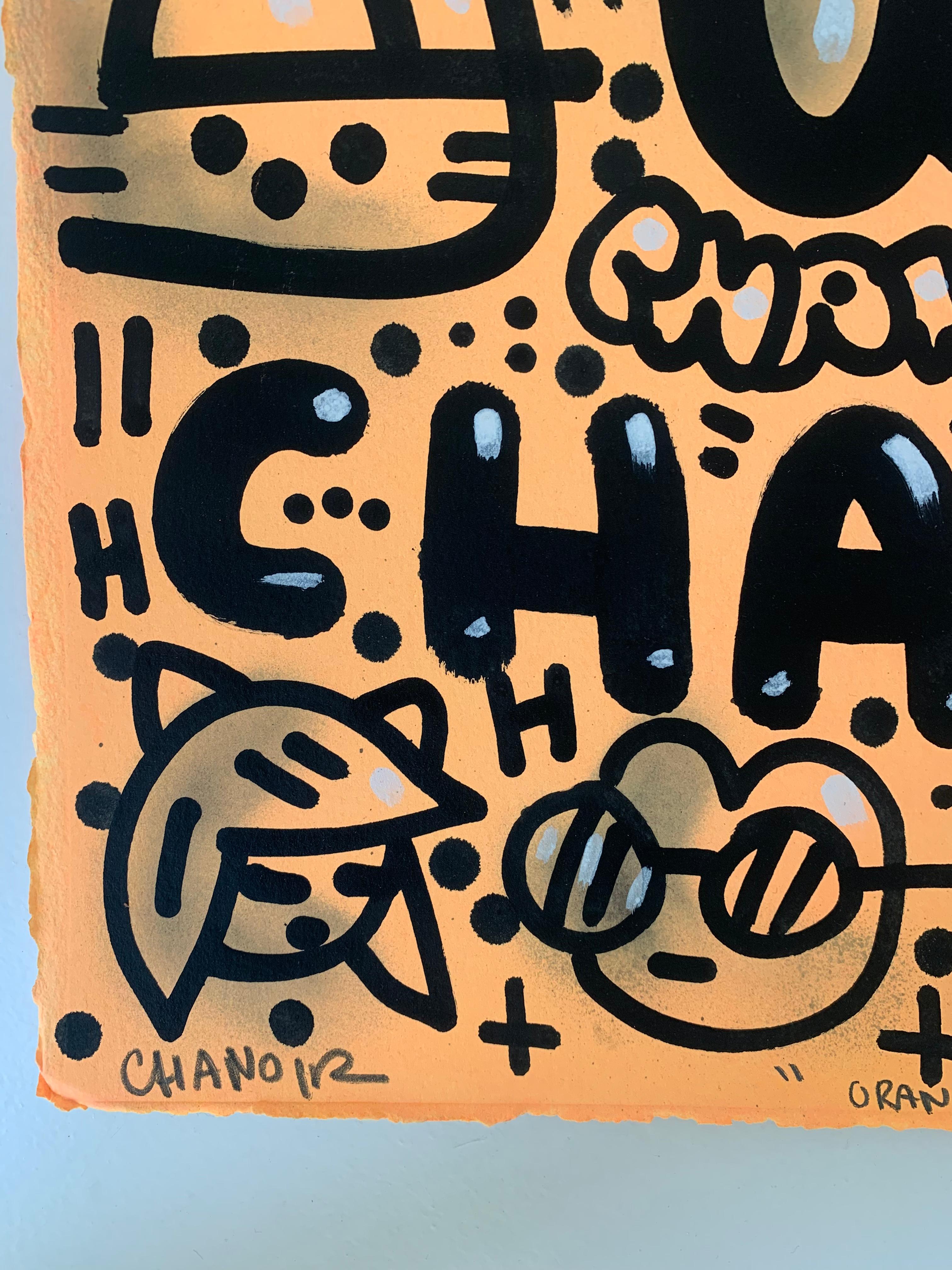 ORANGE YELLOW CATS by CHANOIR, French Urban Artist, Acrylic and Spray on Paper For Sale 4