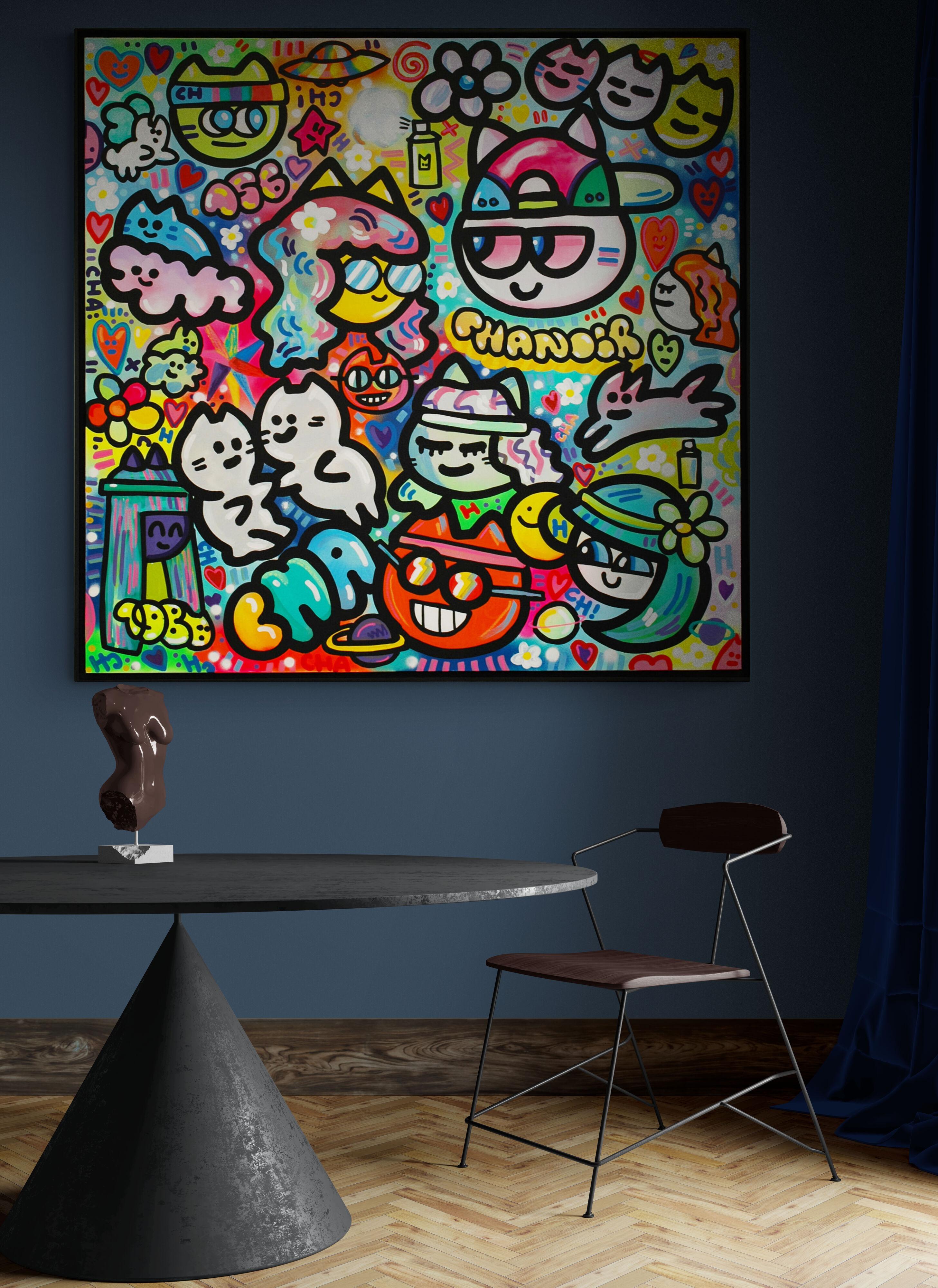 Spray und Acryl auf Leinwand
150 x 150 cm (59,1 x 59,1 Zoll)
Einzigartige Kunstwerke
Schwarzer Holzrahmen (155 x 155 x 4 cm) - (61 x 61 x 1,6 Zoll)
Signiert von der Künstlerin
Echtheitszertifikat