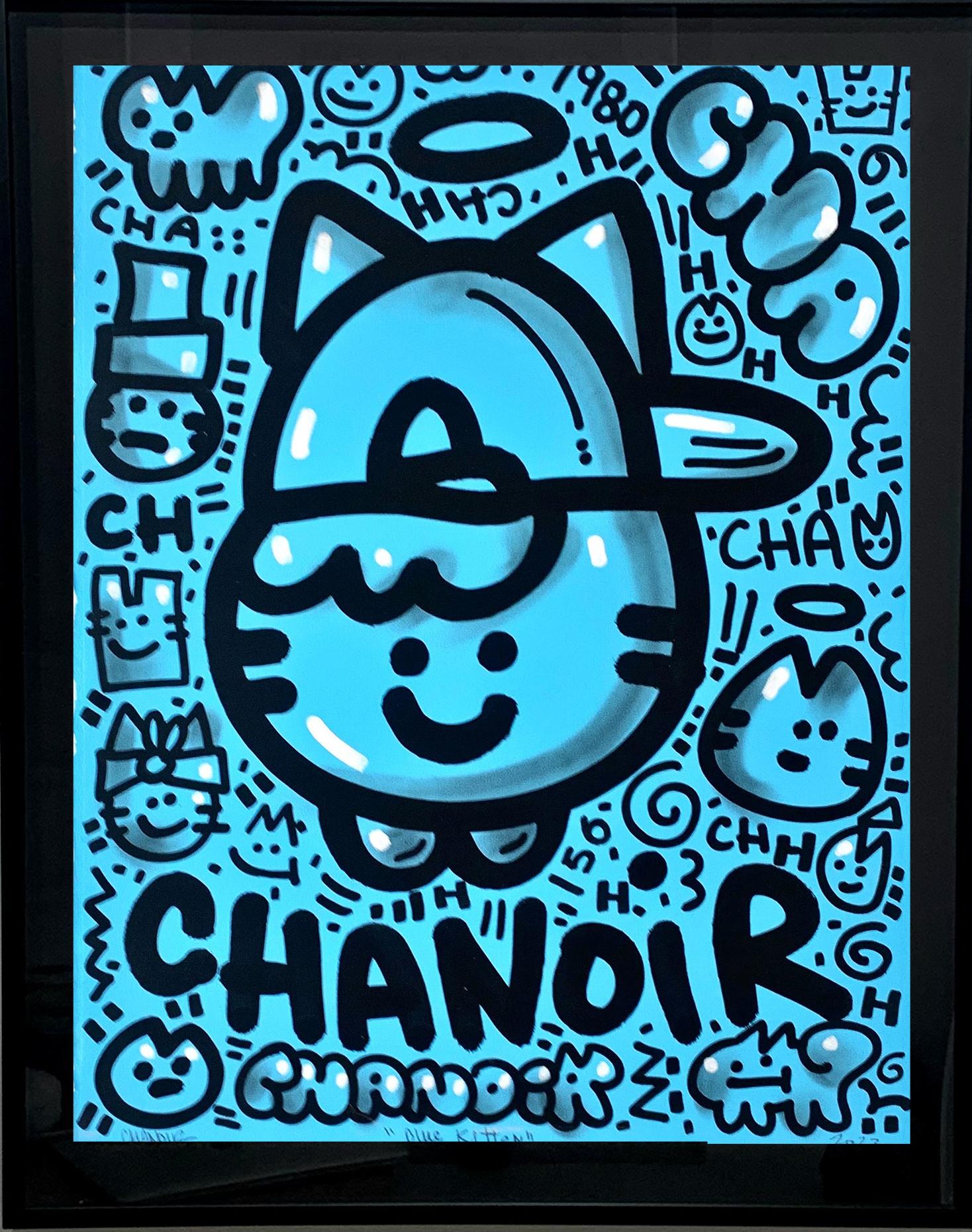 BLUE KITTEN by CHANOIR, French Urban Artist, Acrylic and Spray on Paper - Painting by Chanoir