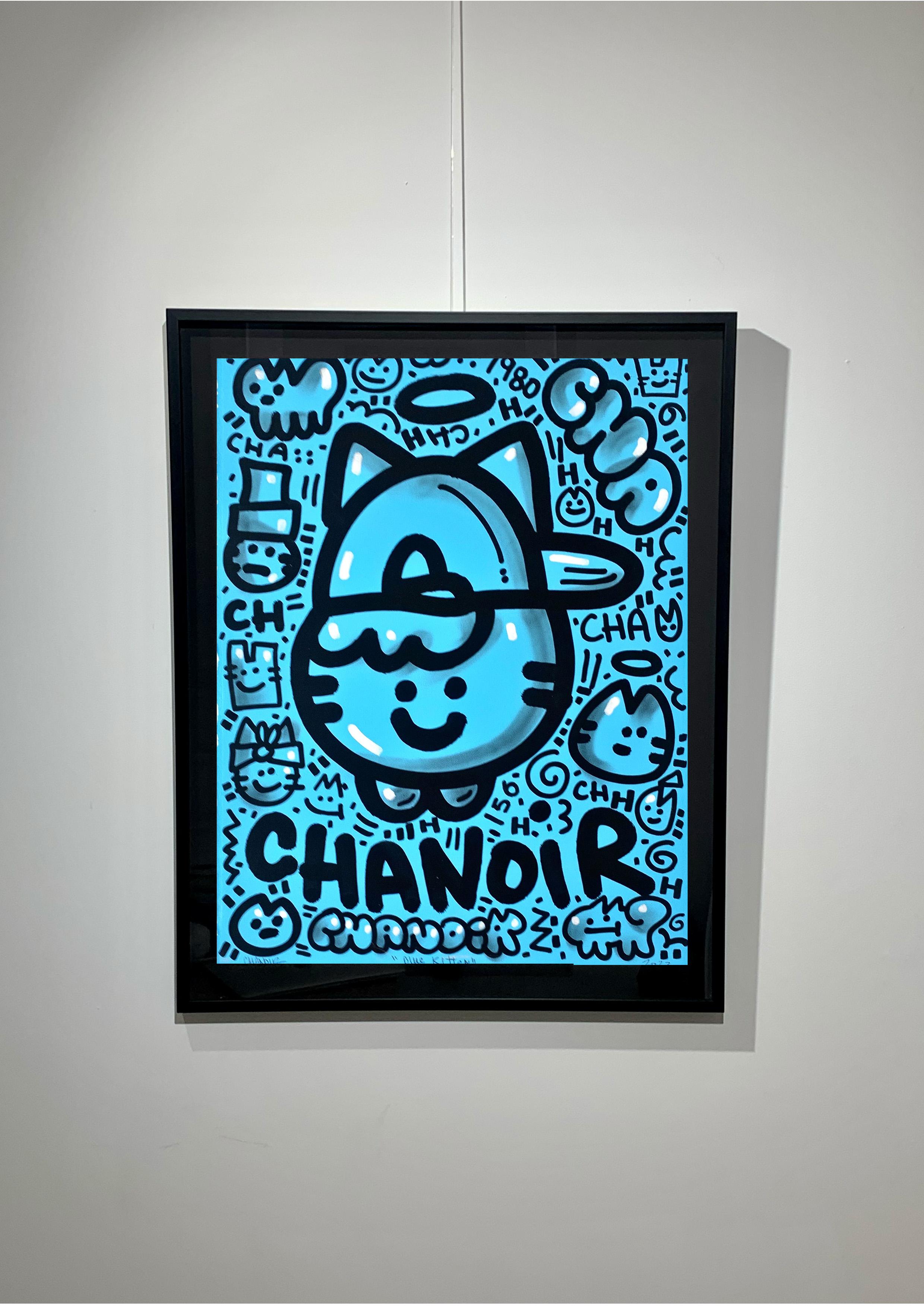 BLUE KITTEN von CHANOIR, französischer Stadtkünstler, Acryl und Sprühfarbe auf Papier im Angebot 2