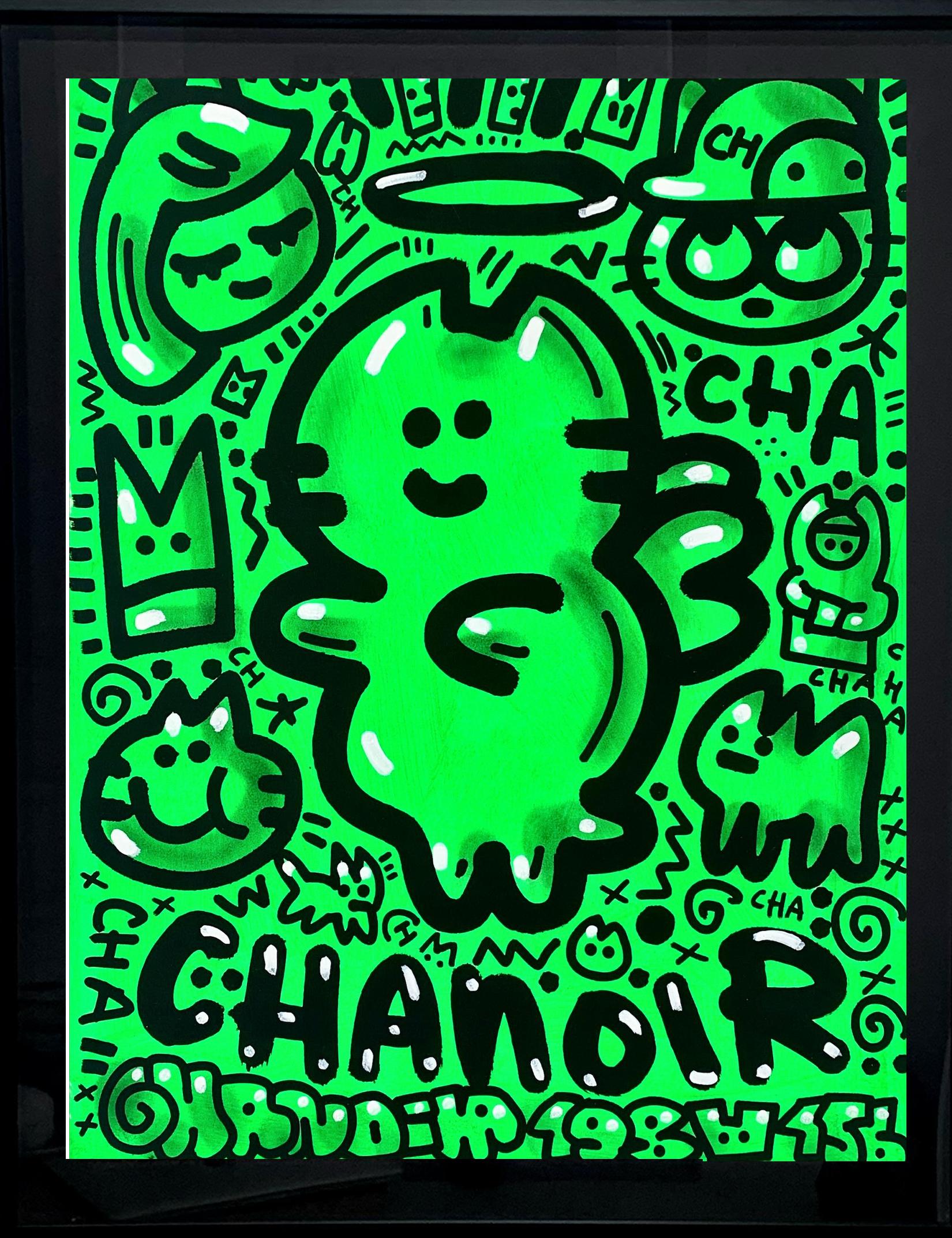 GREEN LOVE von CHANOIR, französischer Stadtkünstler, Acryl und Sprühfarbe auf Papier – Painting von Chanoir
