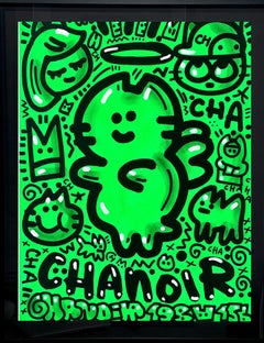 Used GREEN LOVE by CHANOIR, French Urban Artist, Acrylic and Spray on Paper