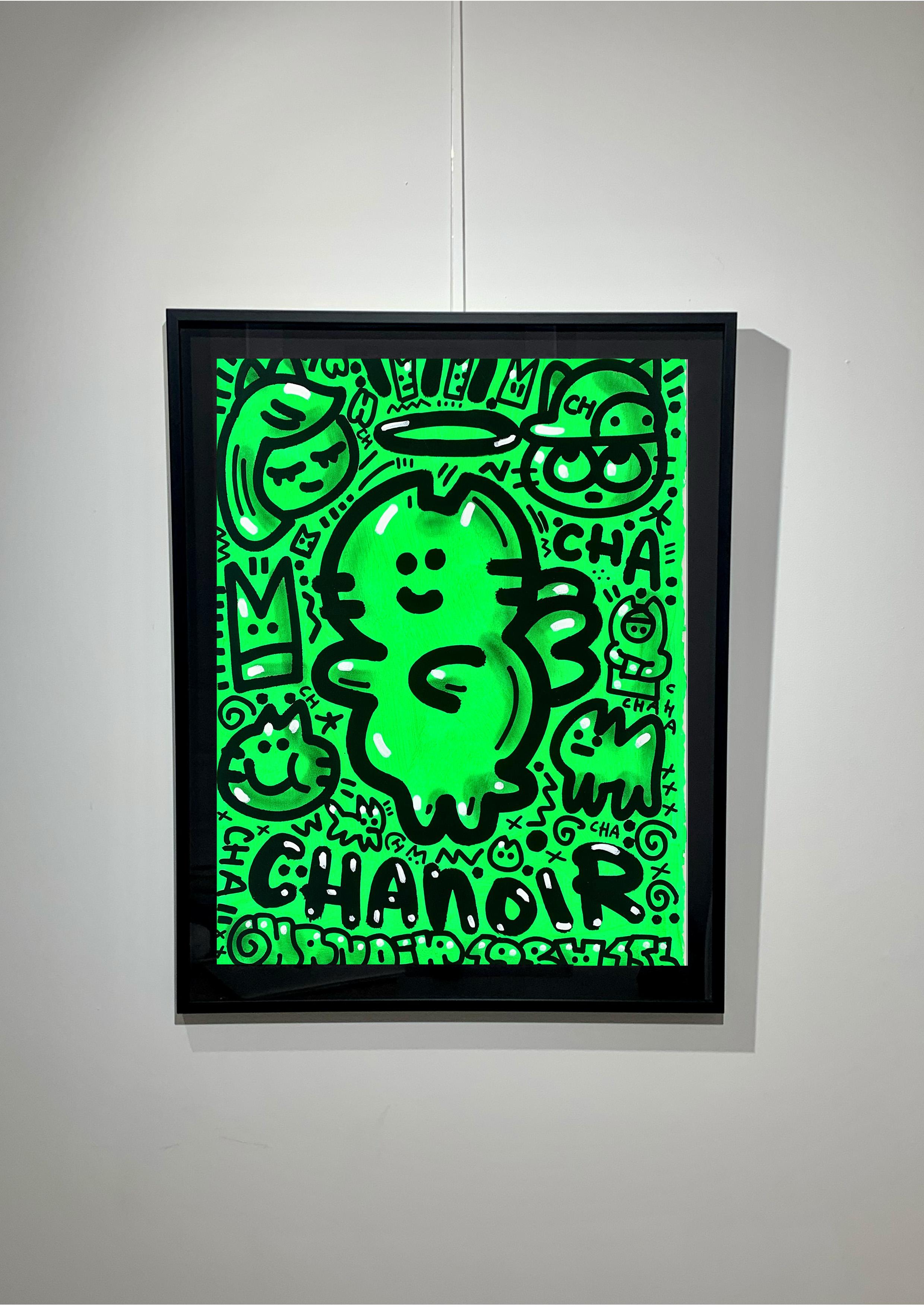 GREEN LOVE by CHANOIR, French Urban Artist, Acrylic and Spray on Paper For Sale 2