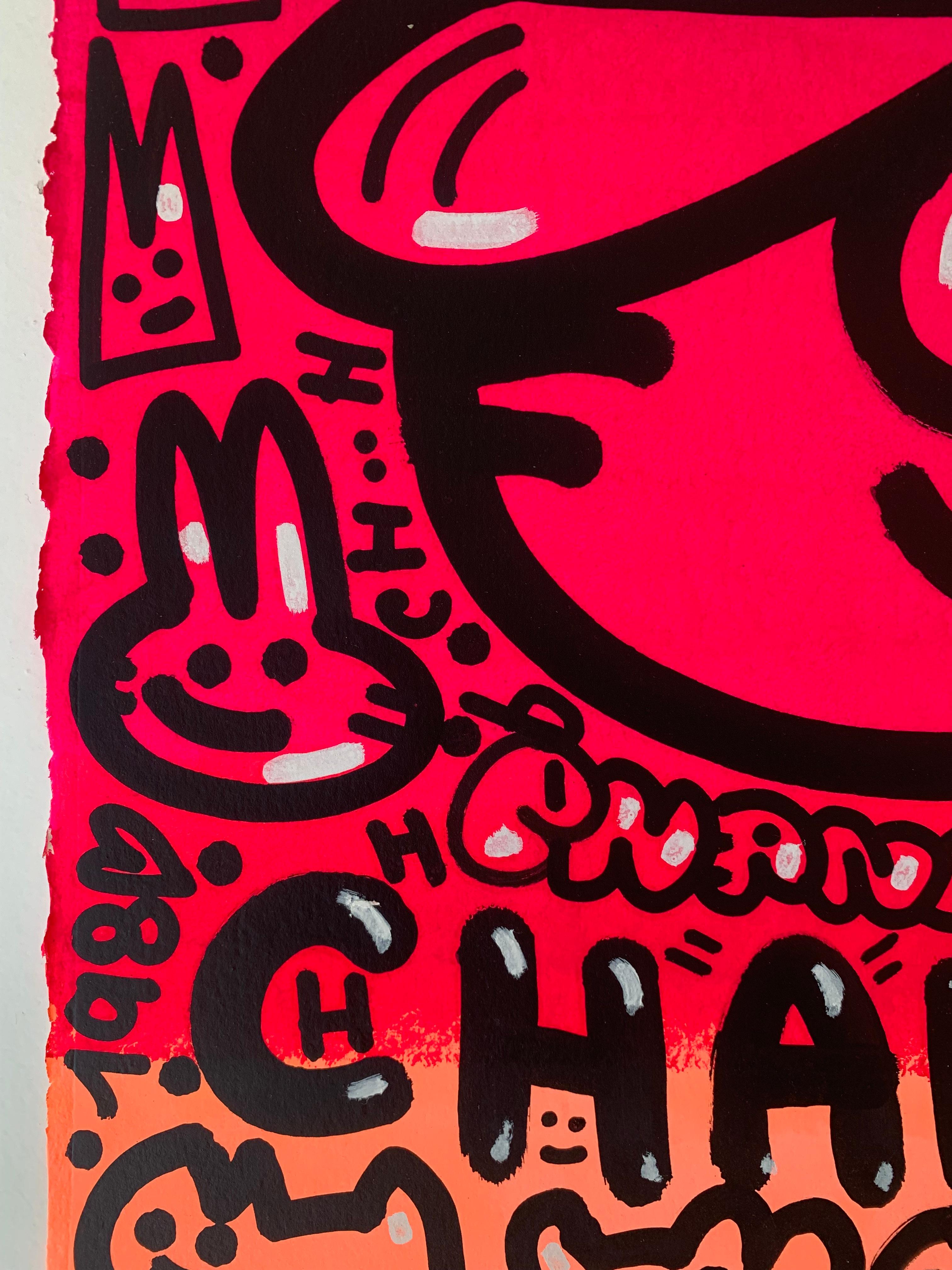 RETRO CAT by CHANOIR, French Urban Artist, Acrylic and Spray on Paper For Sale 2
