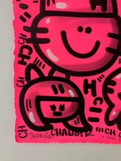 ROSE BISOUS CATS by CHANOIR, French Urban Artist, Acrylic and Spray on Paper