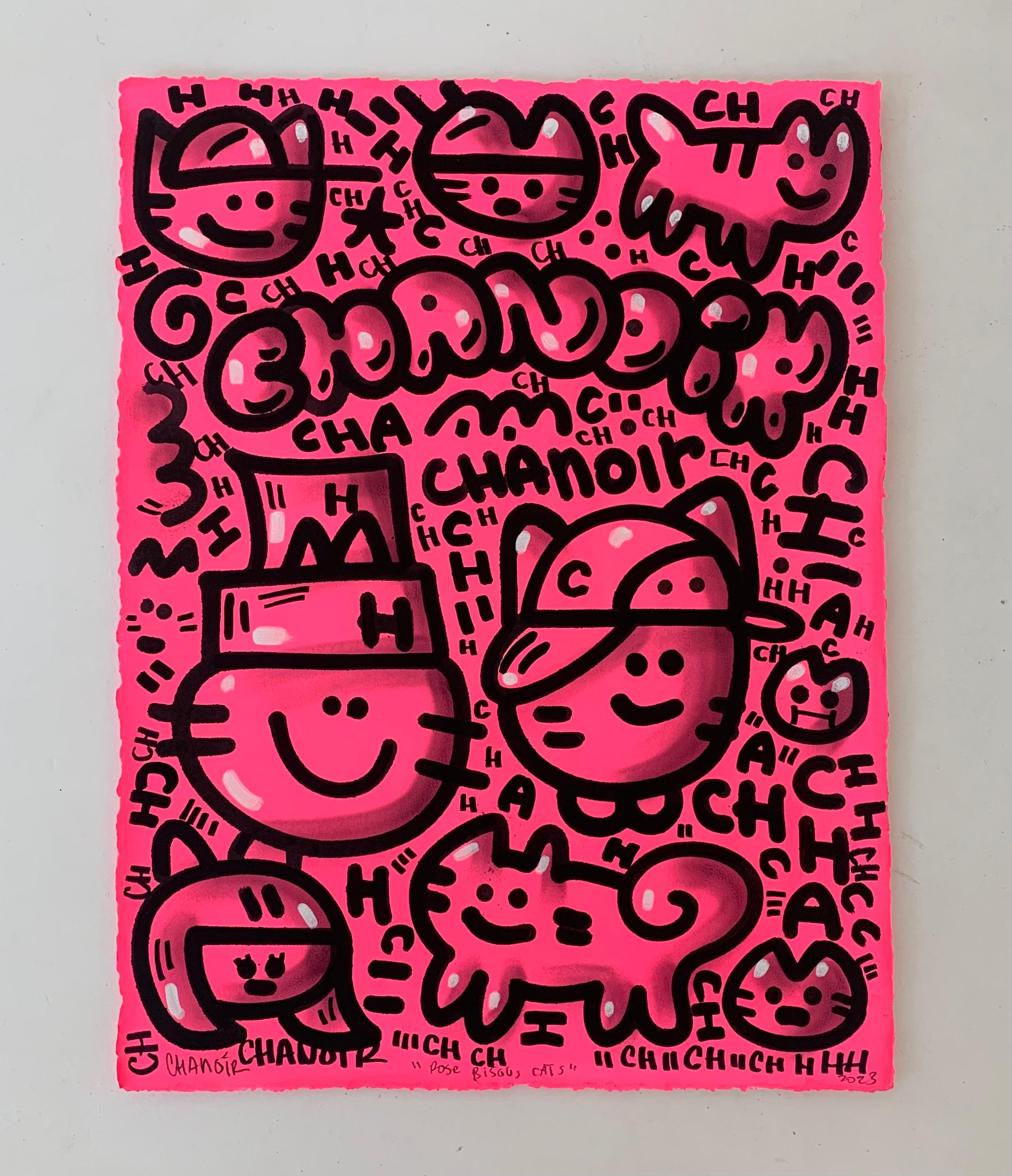 ROSE BISOUS CATS by CHANOIR, French Urban Artist, Acrylic and Spray on Paper For Sale 1
