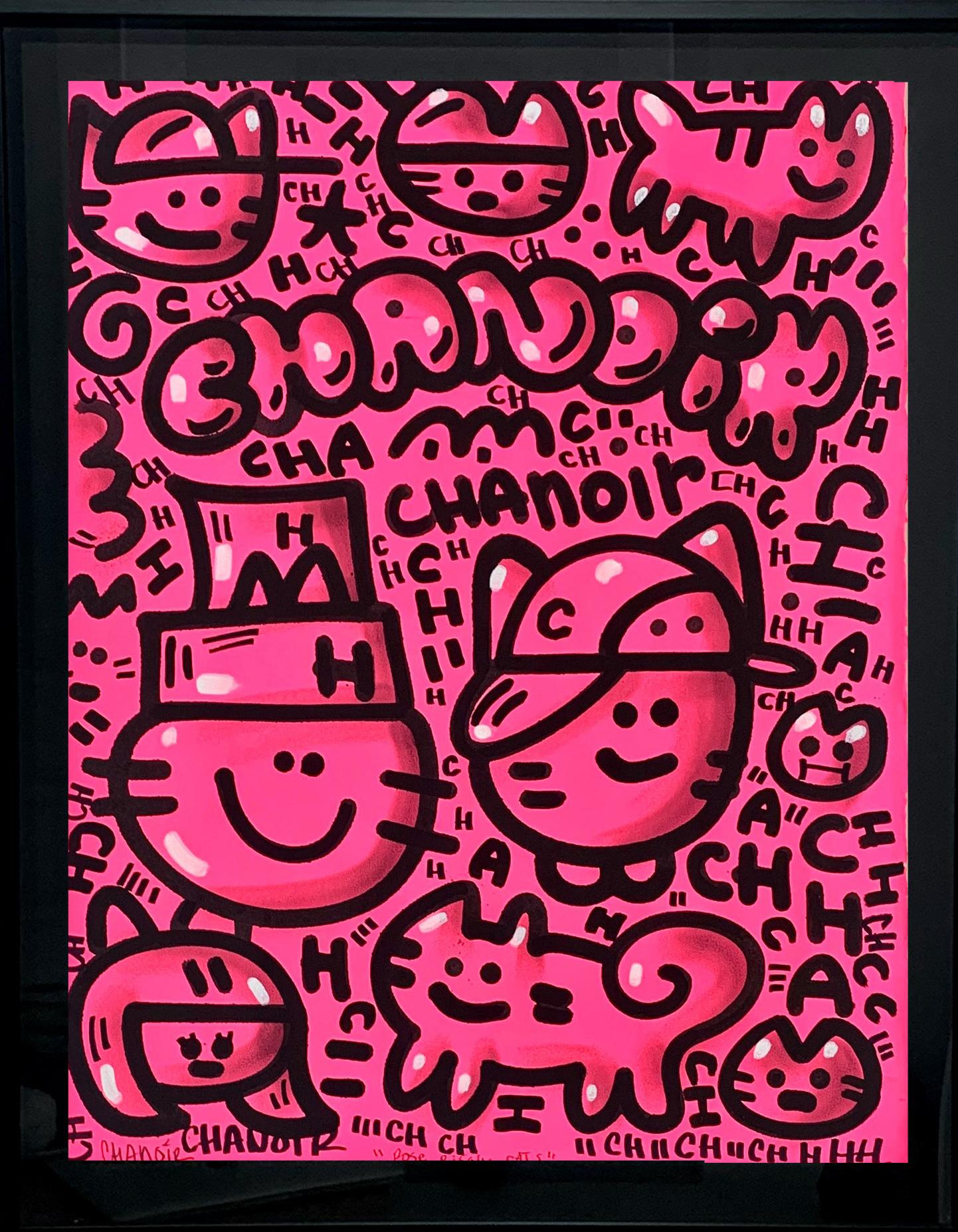 ROSE BISOUS CATS by CHANOIR, French Urban Artist, Acrylic and Spray on Paper - Painting by Chanoir