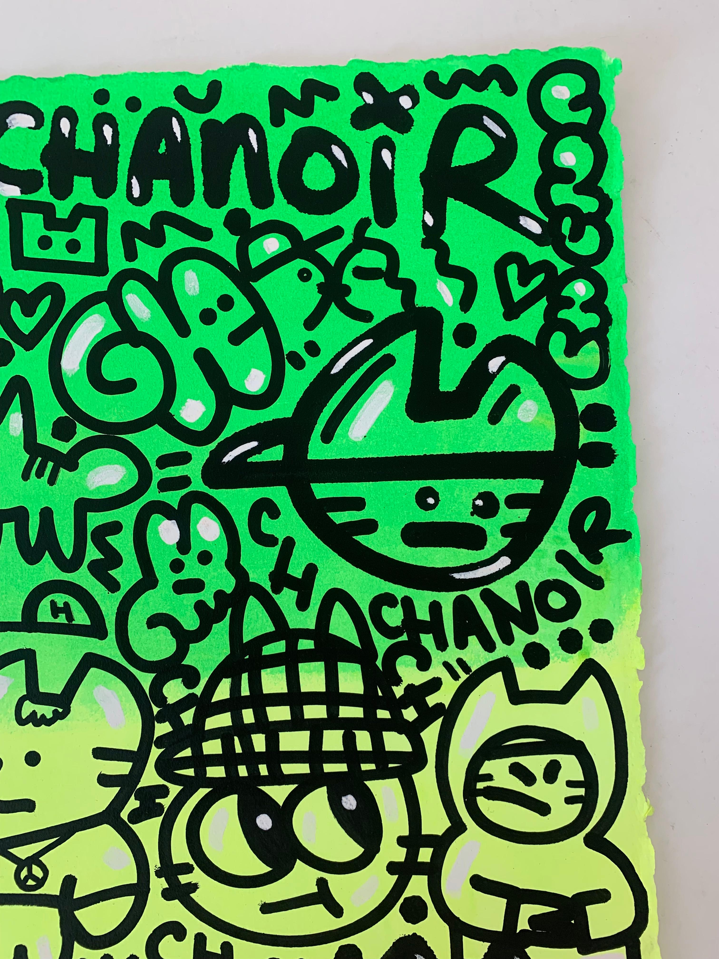 TROPICAL CATS by CHANOIR, French Urban Artist, Acrylic and Spray on Paper  For Sale 1