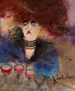 One More Glass di Chantal KAKAL Colson - Olio su legno - 58x71 cm
