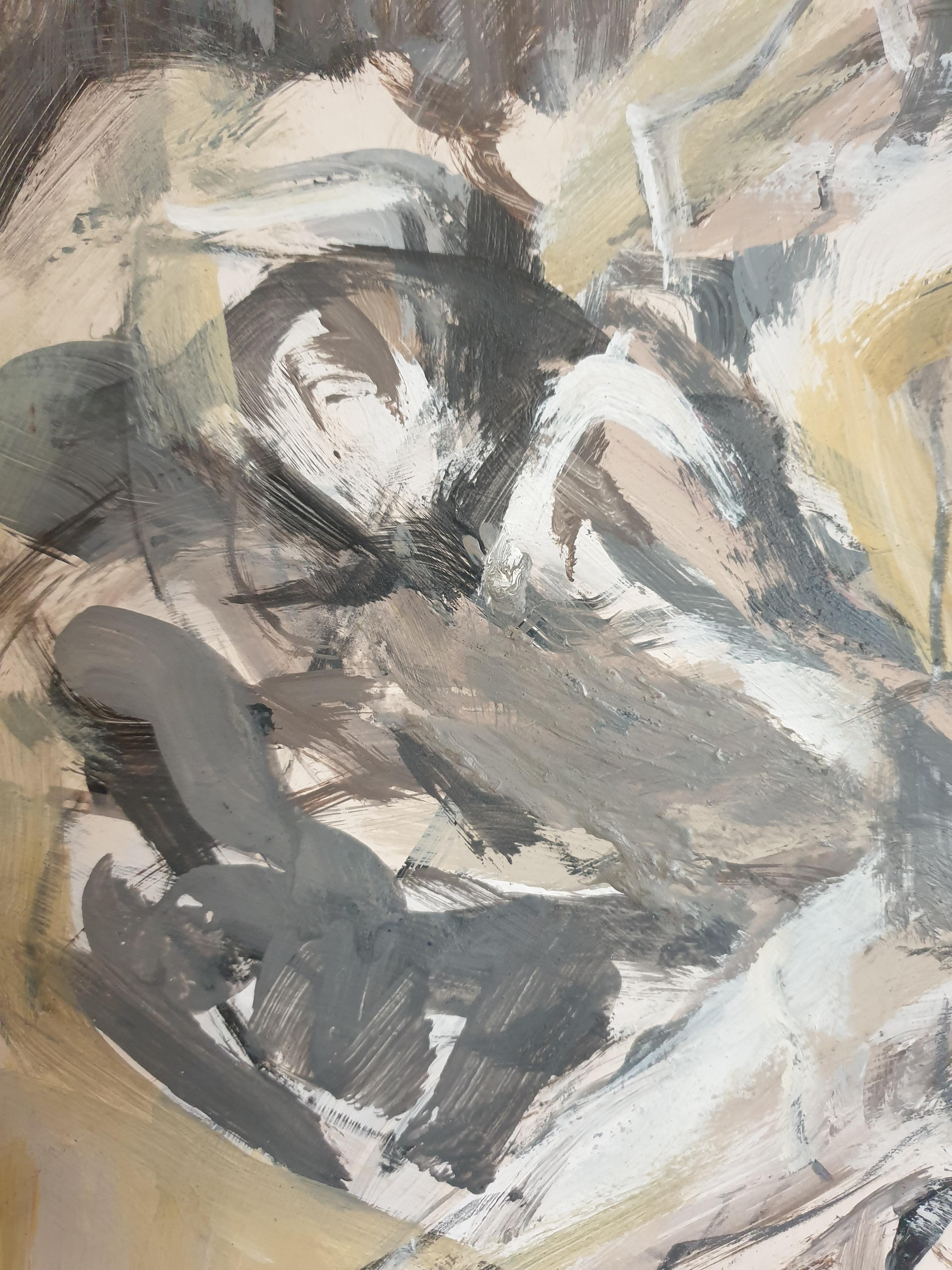 'Assemblées', Figures In Motion, Oil on Paper on Board. For Sale 4