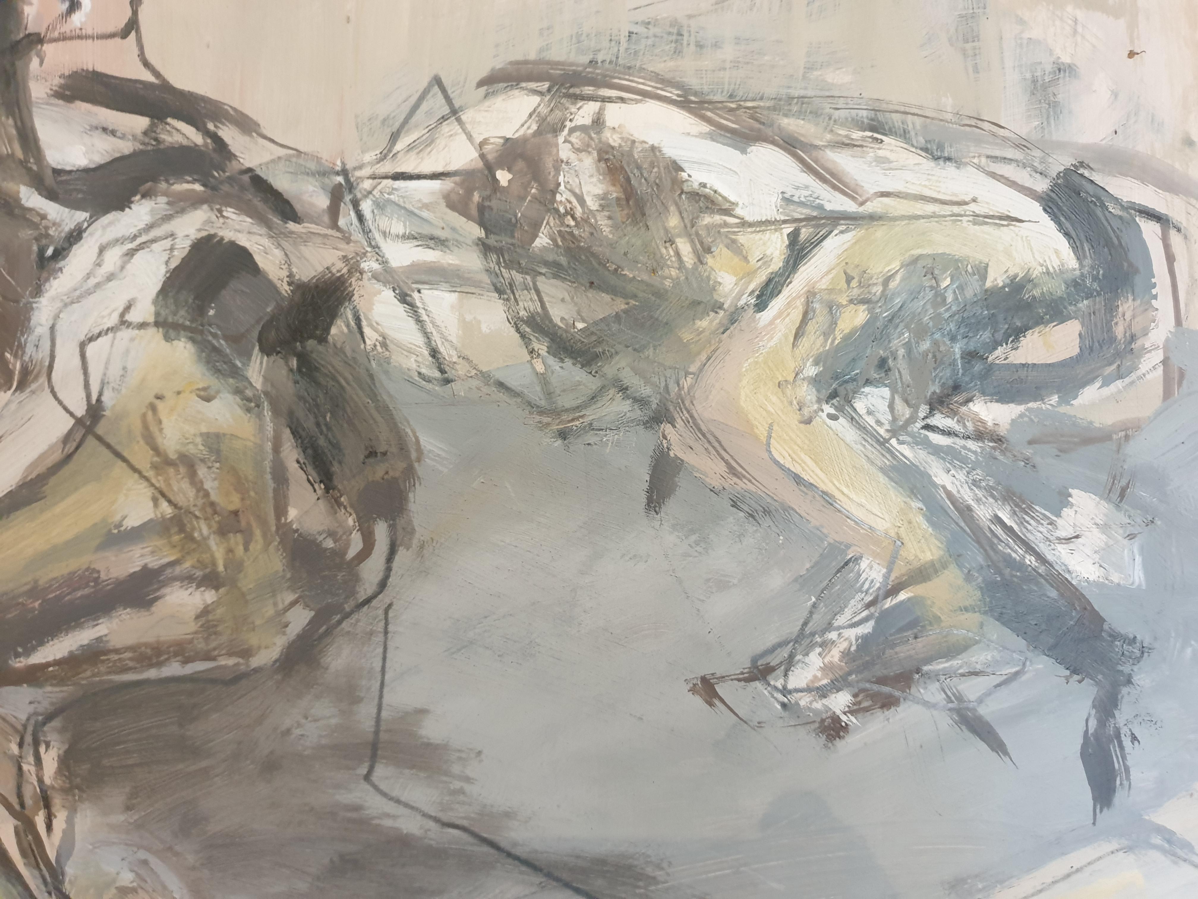 'Assemblées', Figures In Motion, Oil on Paper on Board. For Sale 1