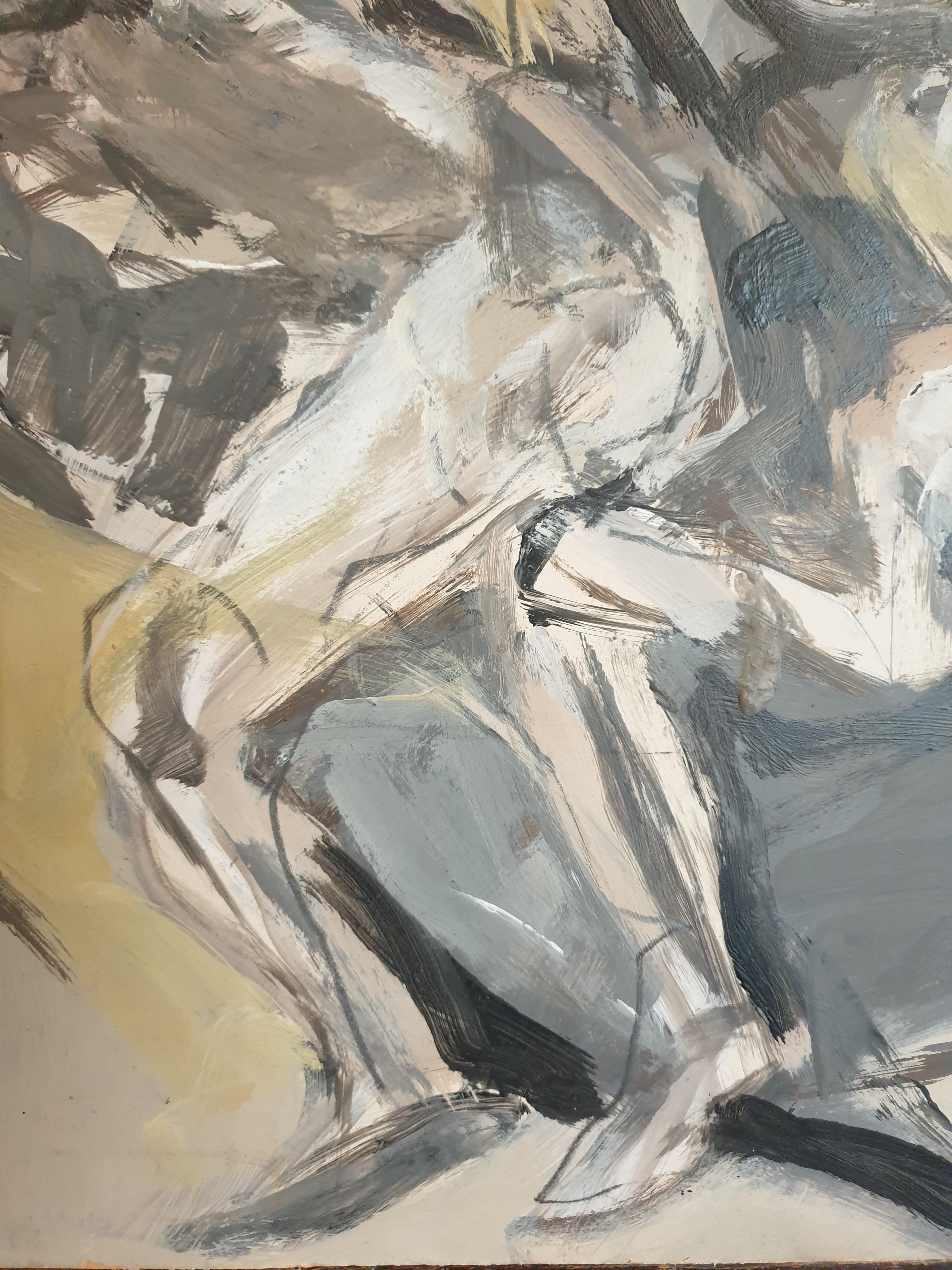 'Assemblées', Figures In Motion, Oil on Paper on Board. For Sale 2