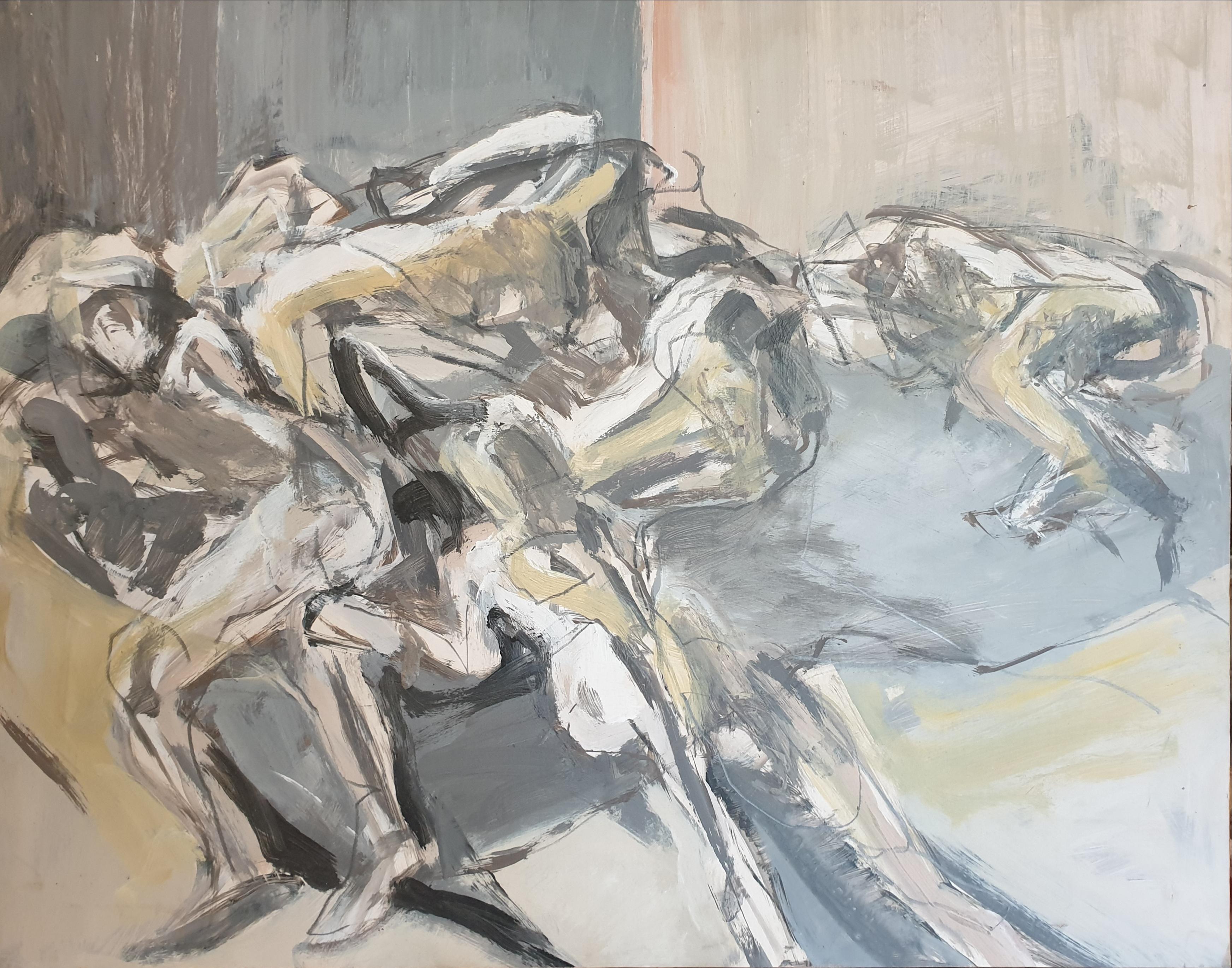 Chantal Payet Figurative Painting - 'Assemblées', Figures In Motion, Oil on Paper on Board.