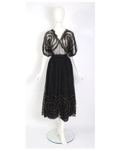 Chantal Thomas 1980s vintage black tulle gold edged flowers top and skirt set