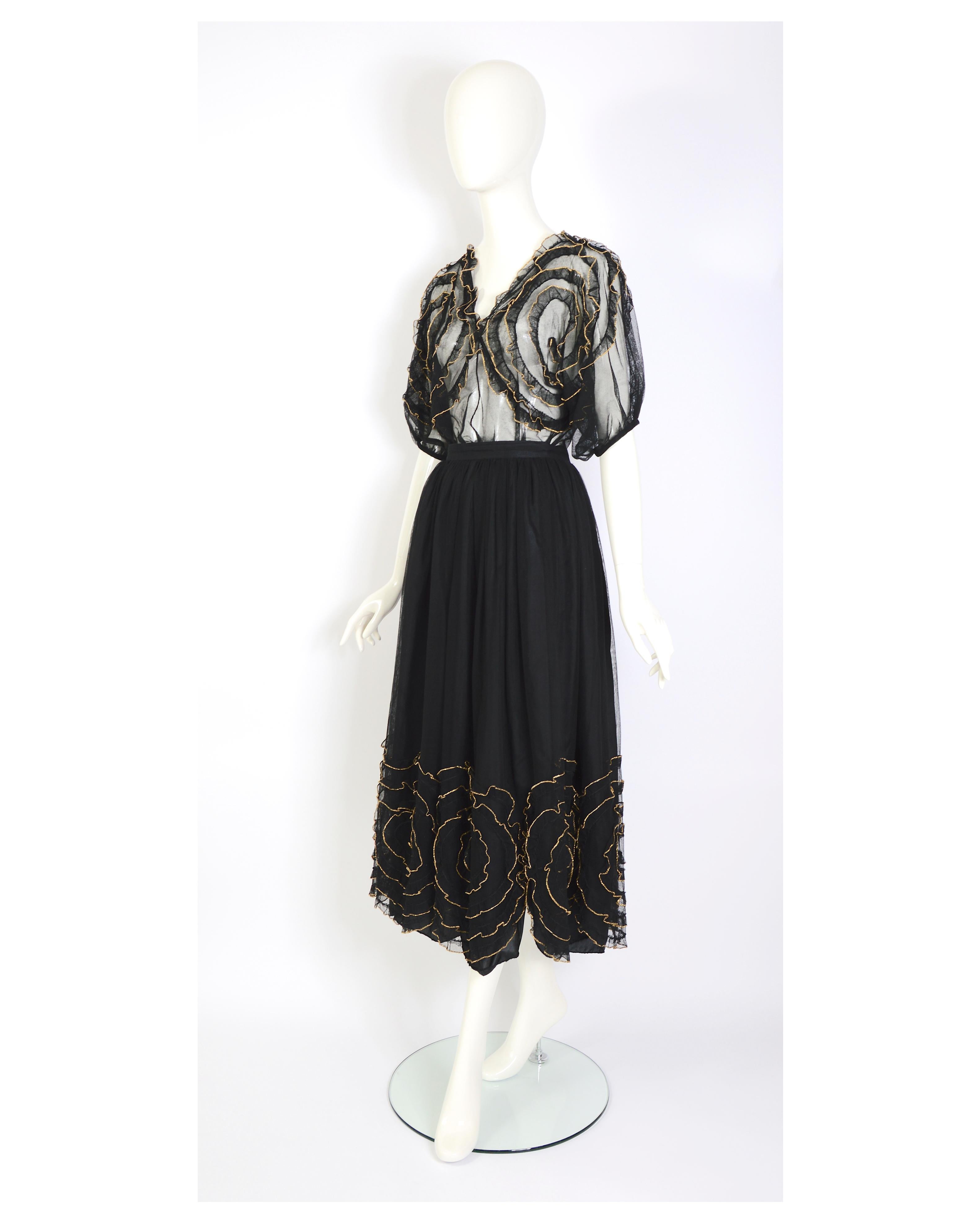 Black Chantal Thomas 1980s vintage black tulle gold edged flowers top and skirt set  For Sale