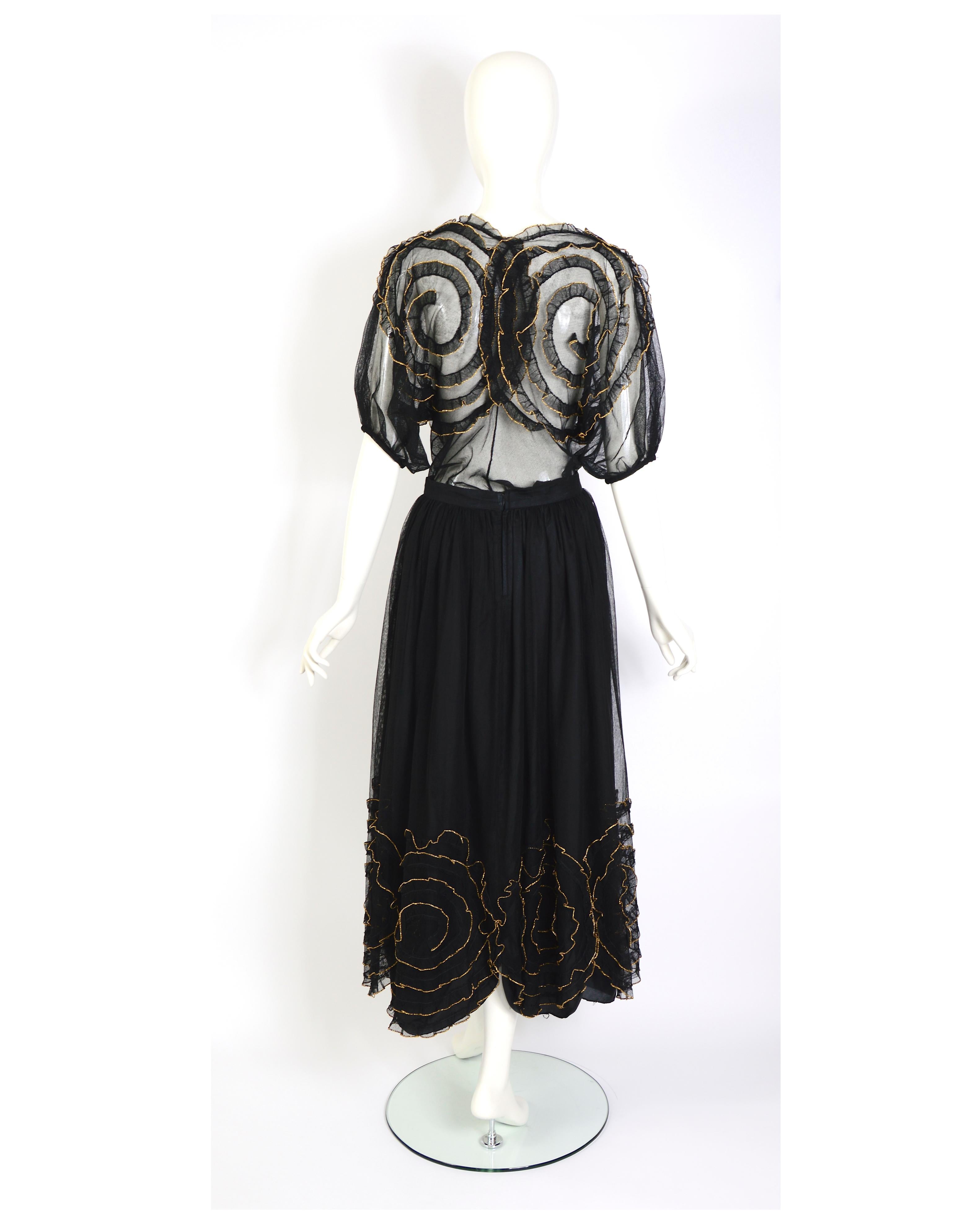 Chantal Thomas 1980s vintage black tulle gold edged flowers top and skirt set For Sale 1