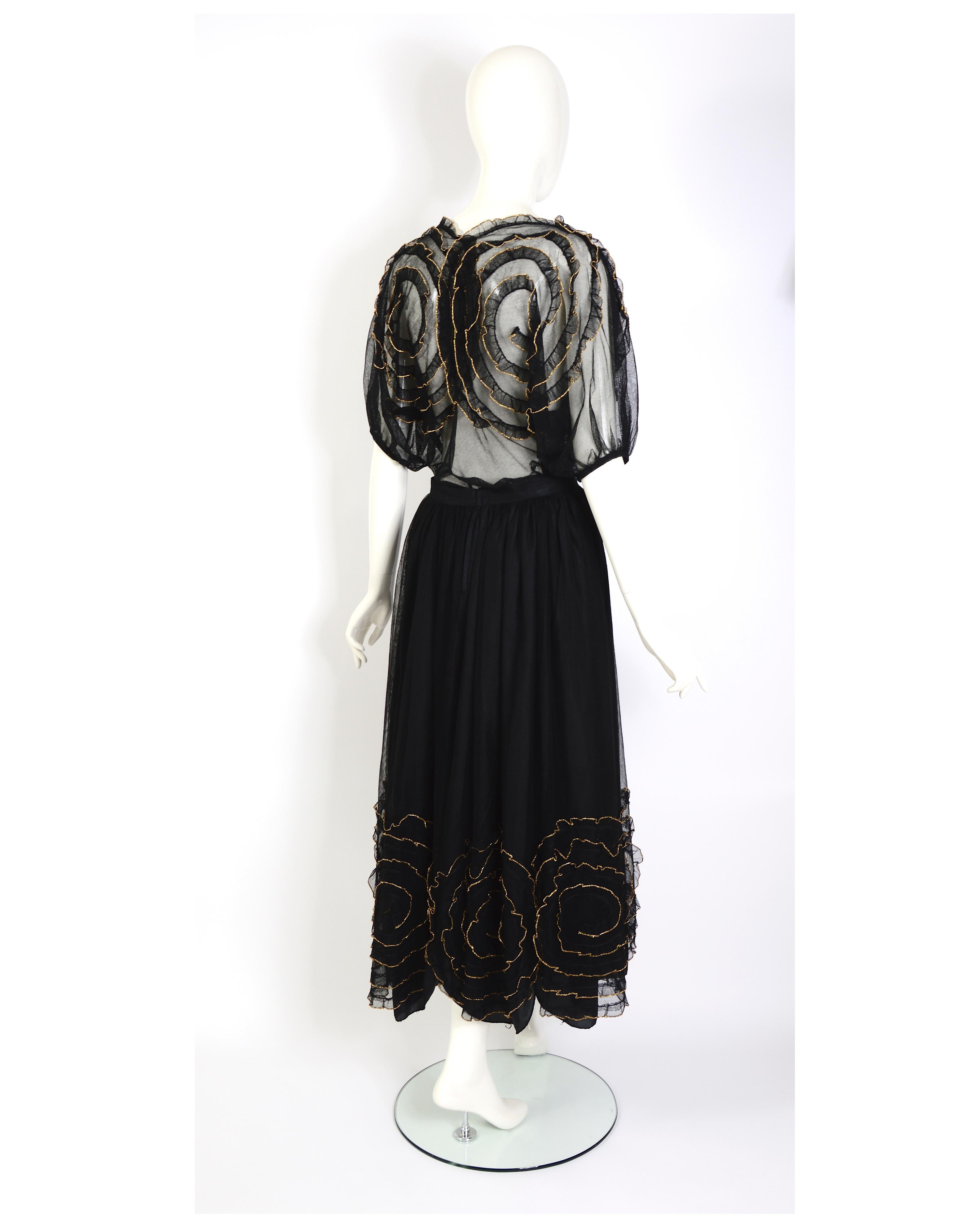 Chantal Thomas 1980s vintage black tulle gold edged flowers top and skirt set  For Sale 2