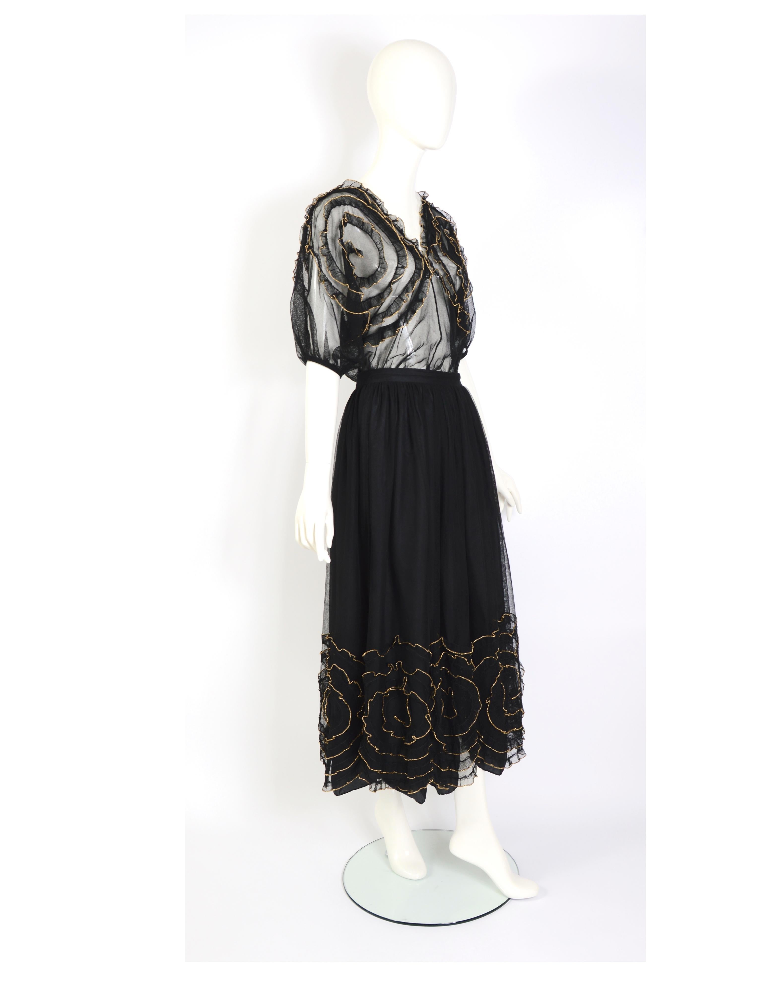 Chantal Thomas 1980s vintage black tulle gold edged flowers top and skirt set For Sale 4