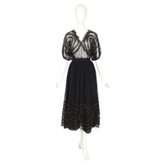 Chantal Thomas 1980s vintage black tulle gold edged flowers top and skirt set
