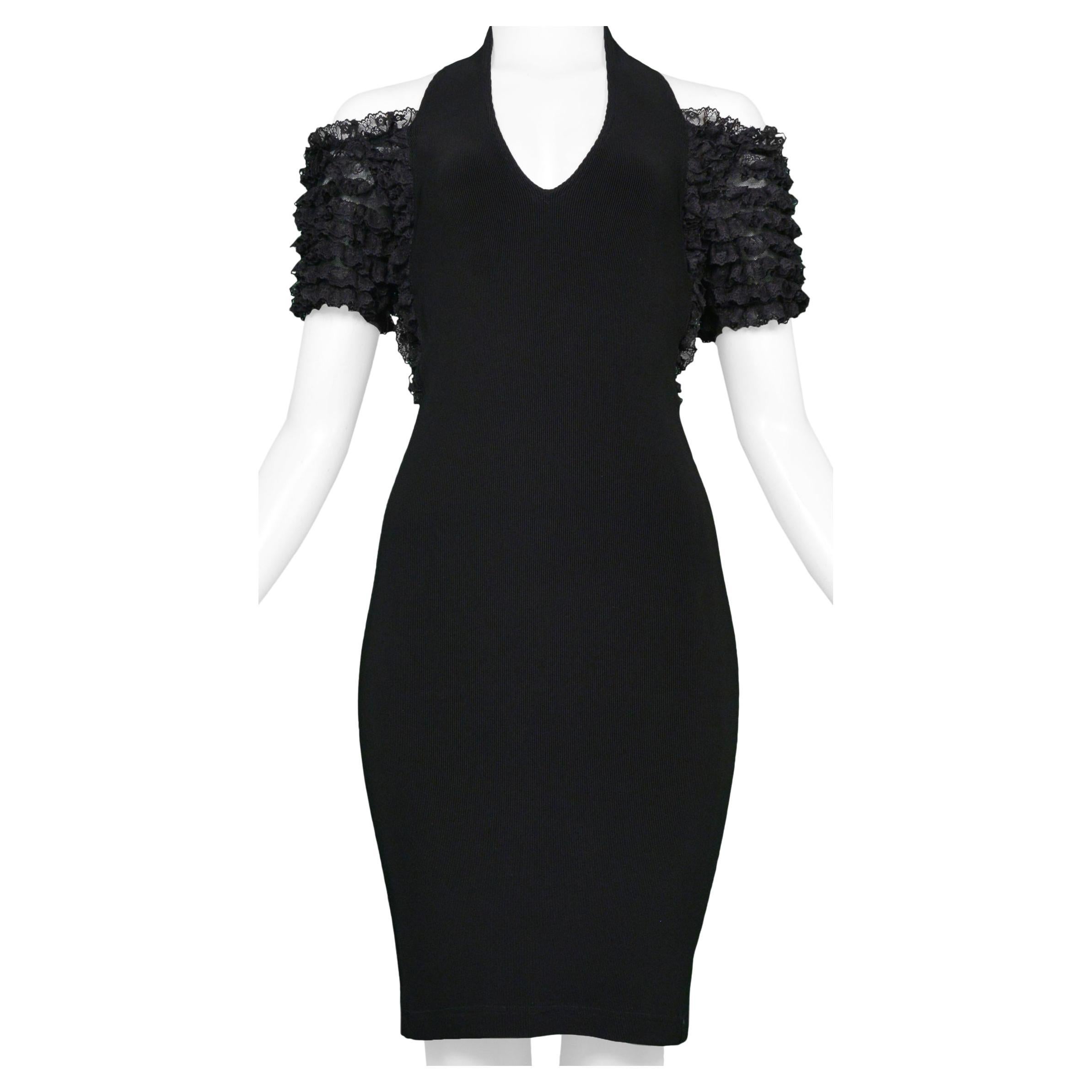 Chantal Thomass Black Bodycon Halter Dress With Ruffles 1992 For Sale