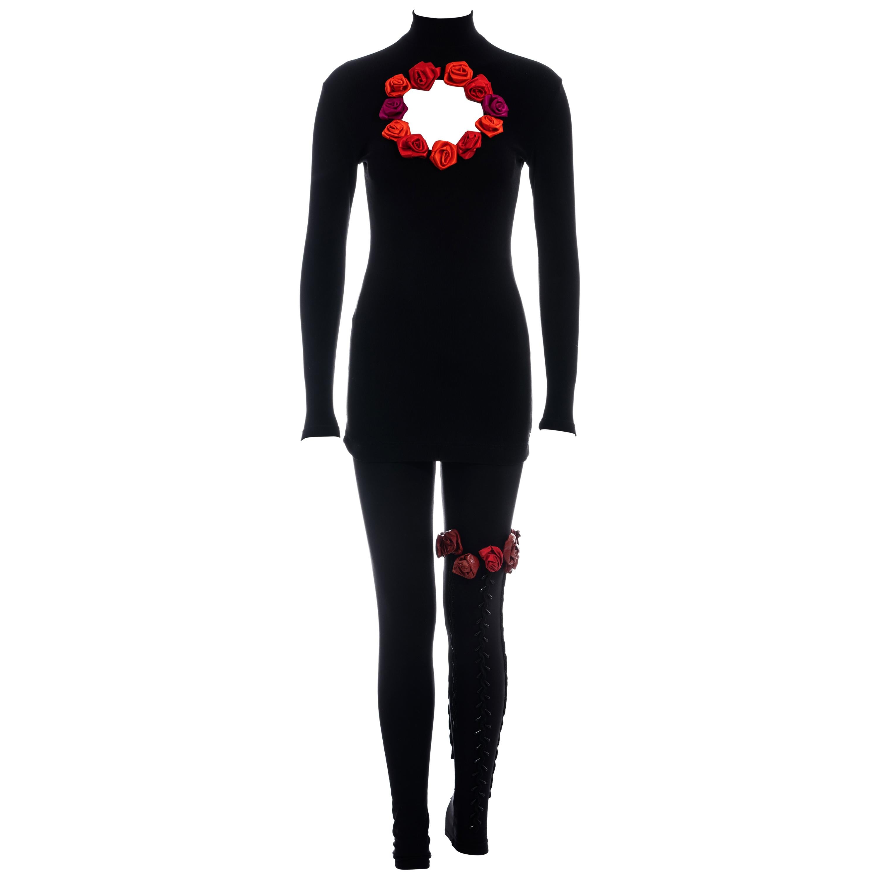 Chantal Thomass black mini dress and leggings adorned with red roses, fw  1992 at 1stDibs | red rose leggings