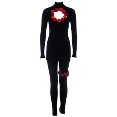Retro Chantal Thomass black mini dress and leggings adorned with red roses, fw 1992
