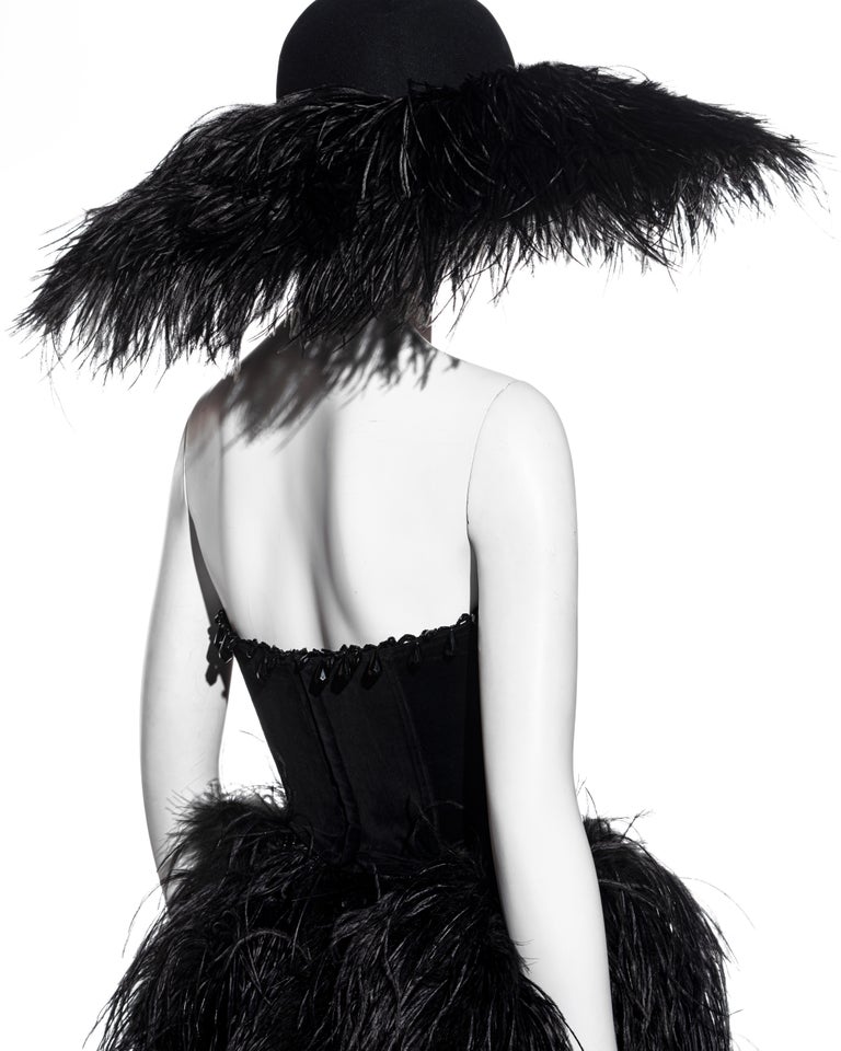 Chantal Thomass black ostrich feather corset, skirt and hat ensemble, fw  1991 For Sale at 1stDibs