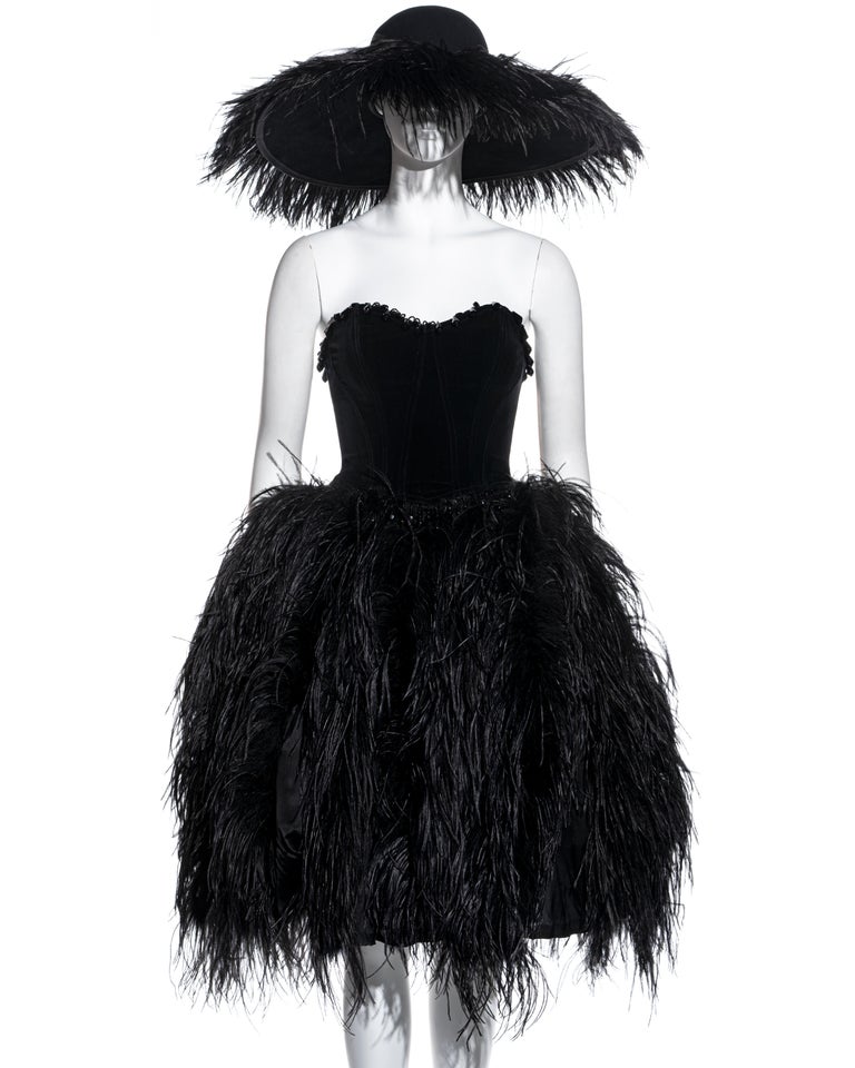 Chantal Thomass black ostrich feather corset, skirt and hat ensemble, fw  1991 For Sale at 1stDibs | black feather corset, black corset with feathers,  feather corset dress