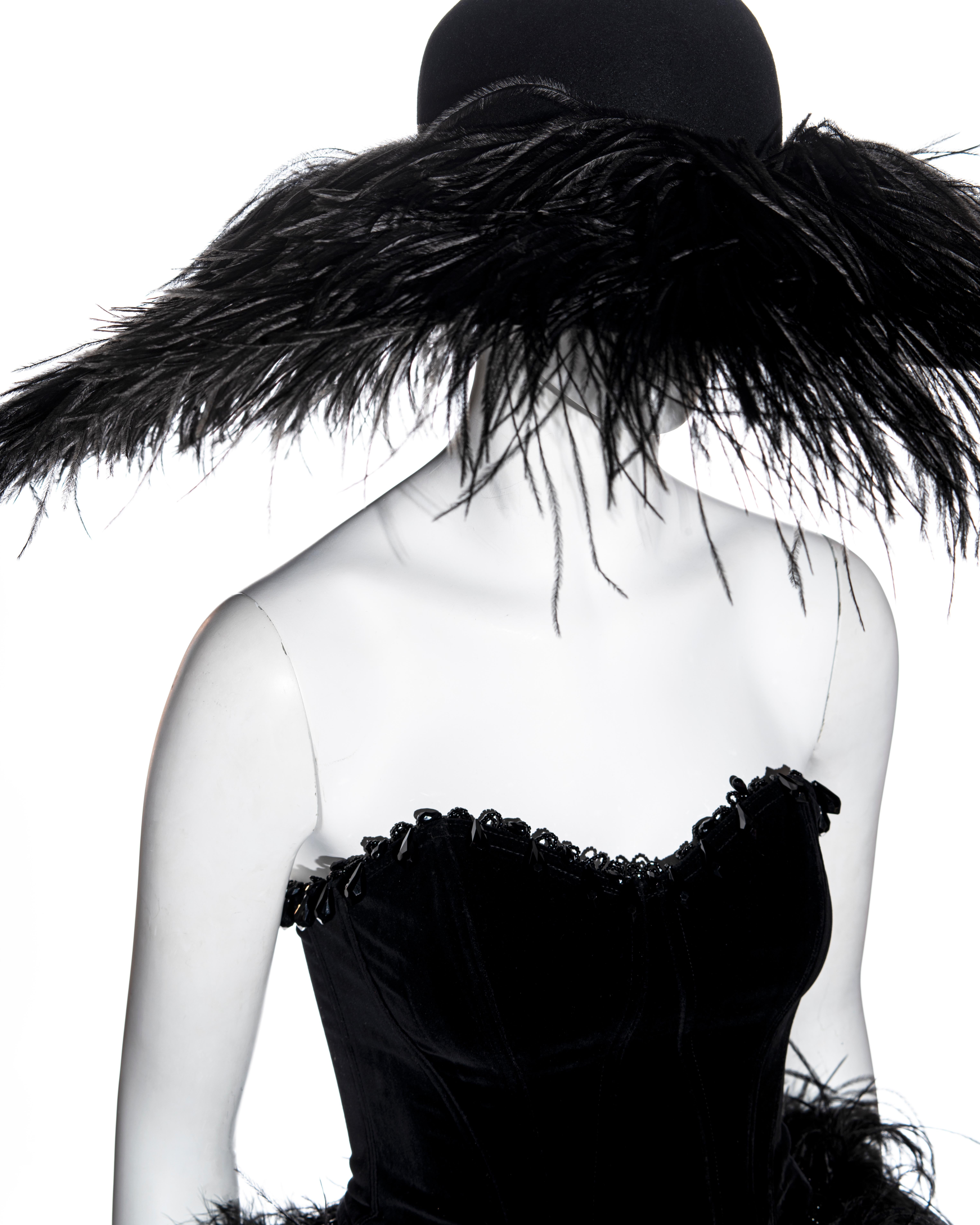 Women's Chantal Thomass black ostrich feather corset, skirt and hat ensemble, fw 1991 For Sale