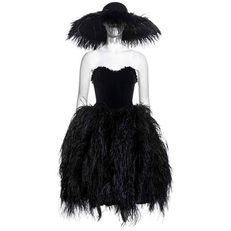 Chantal Thomass black ostrich feather corset, skirt and hat ensemble, fw  1991 For Sale at 1stDibs | black feather corset, black corset with feathers,  feather corset dress