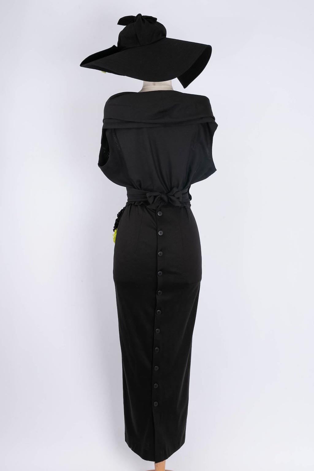 Black Chantal Thomass Cotton Dress Embroidered with Flowers Spring Collection, 1988 For Sale