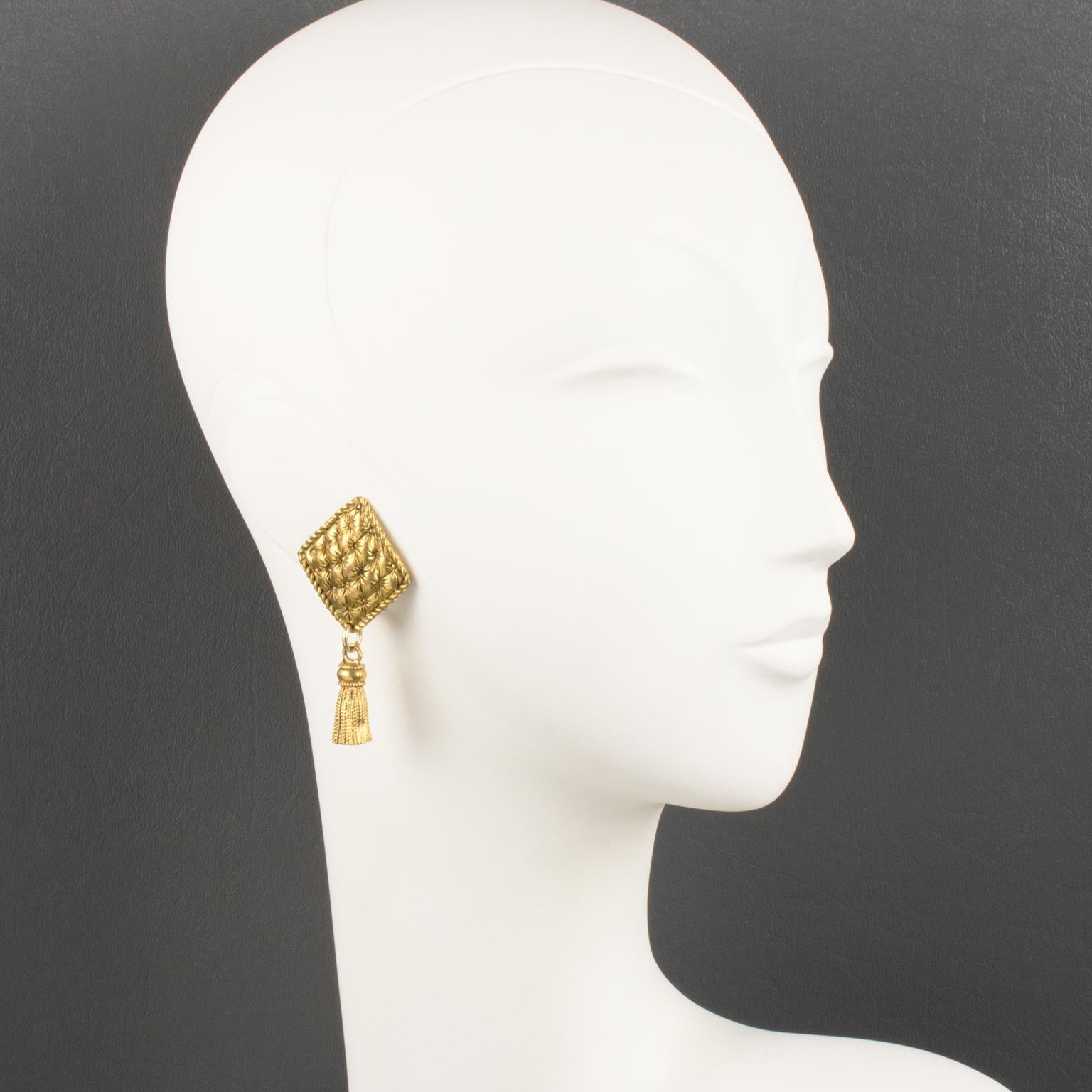 Modern Chantal Thomass Dangle Clip Earrings Gilt Metal Matelassé and Tassel For Sale
