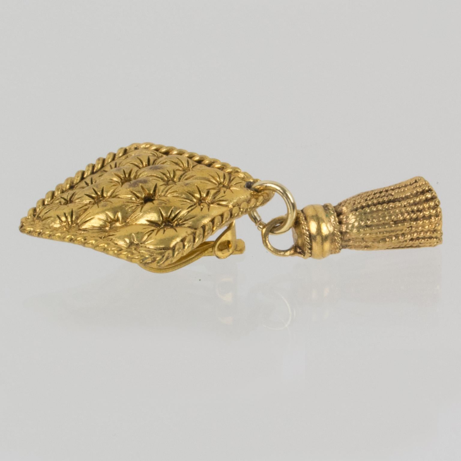 Chantal Thomass Dangle Clip Earrings Gilt Metal Matelassé and Tassel For Sale 1