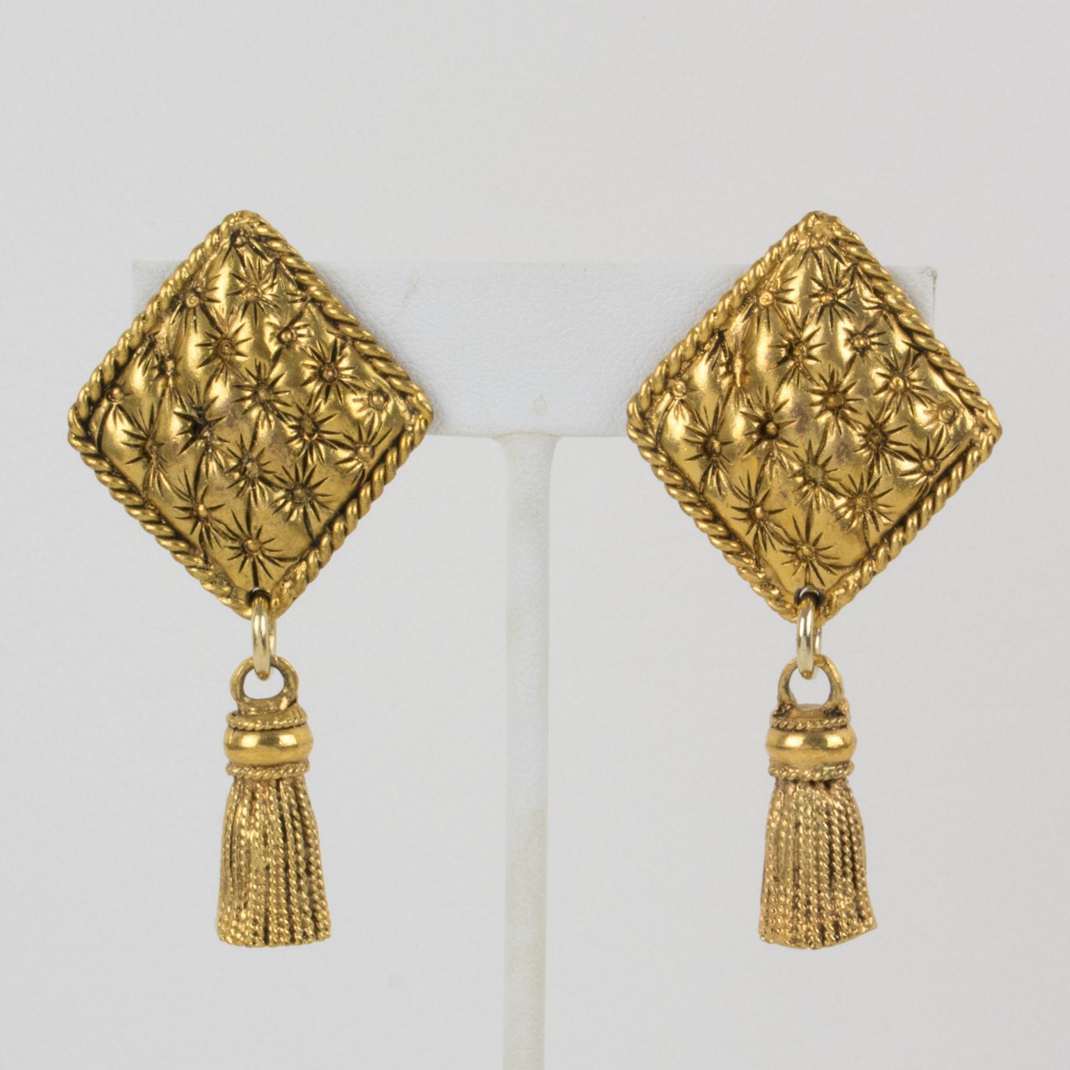 Chantal Thomass Dangle Clip Earrings Gilt Metal Matelassé and Tassel For Sale 2