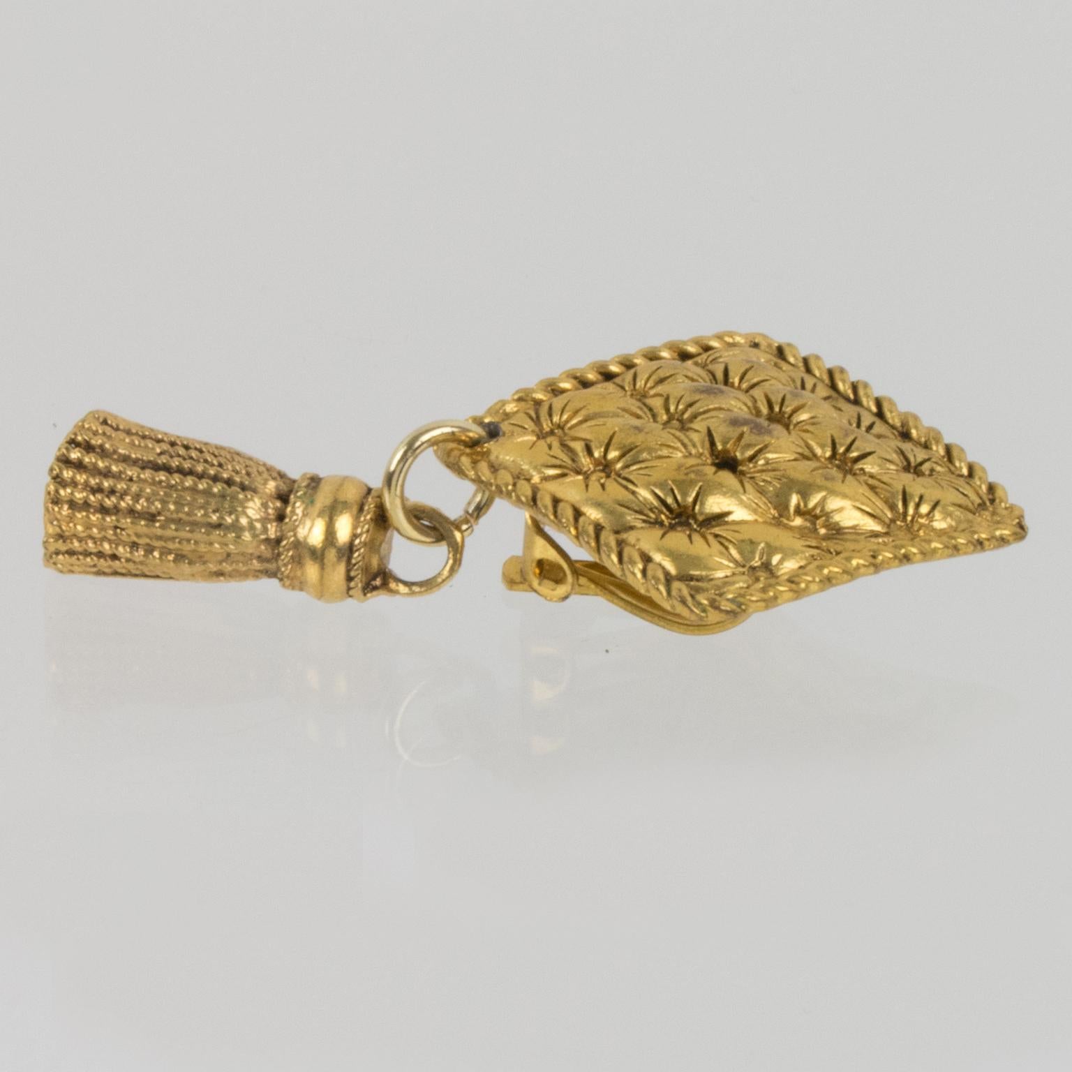 Chantal Thomass Dangle Clip Earrings Gilt Metal Matelassé and Tassel For Sale 3
