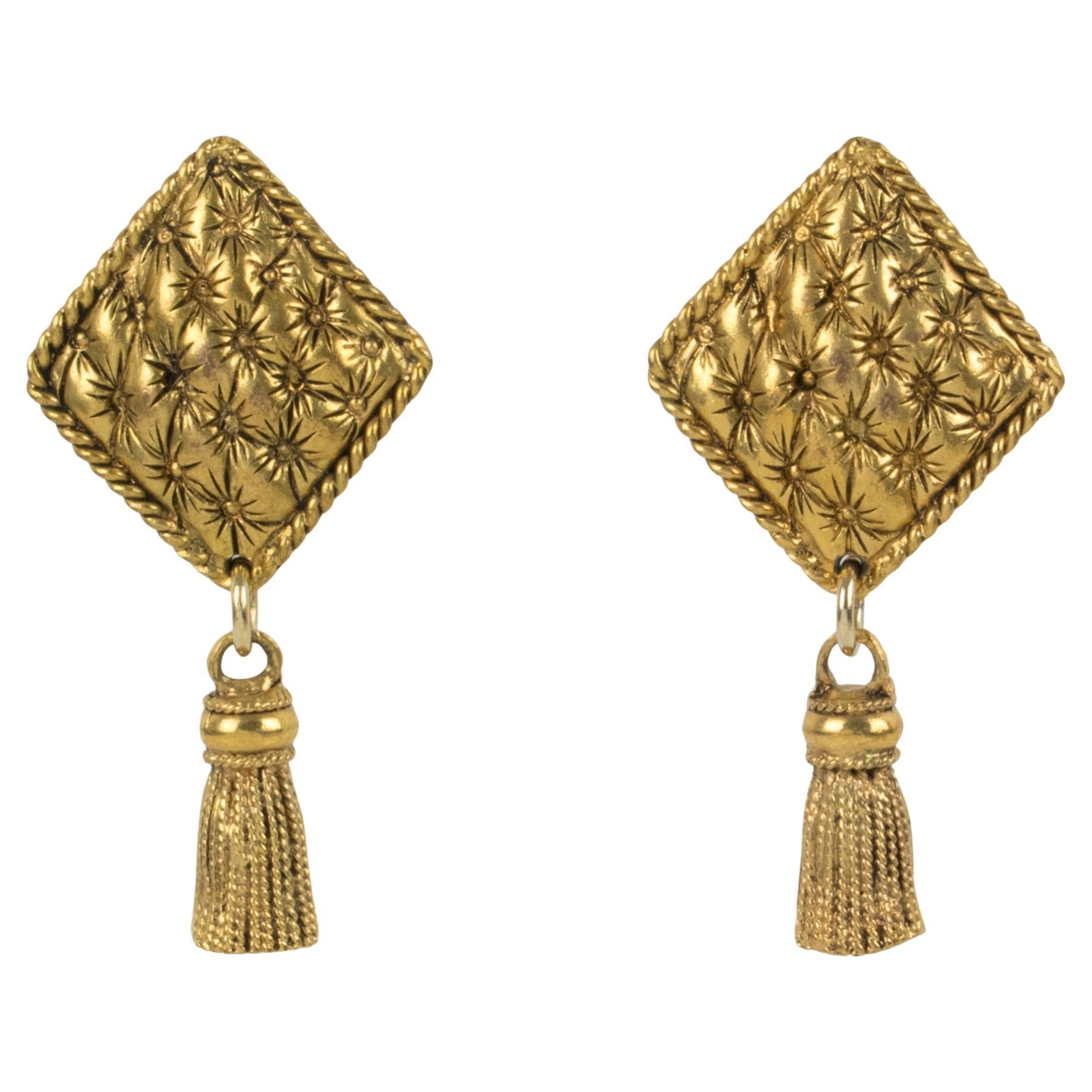 Chantal Thomass Dangle Clip Earrings Gilt Metal Matelassé and Tassel For Sale
