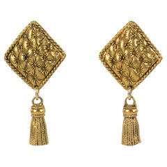Chantal Thomass Dangle Clip Earrings Gilt Metal Matelassé and Tassel