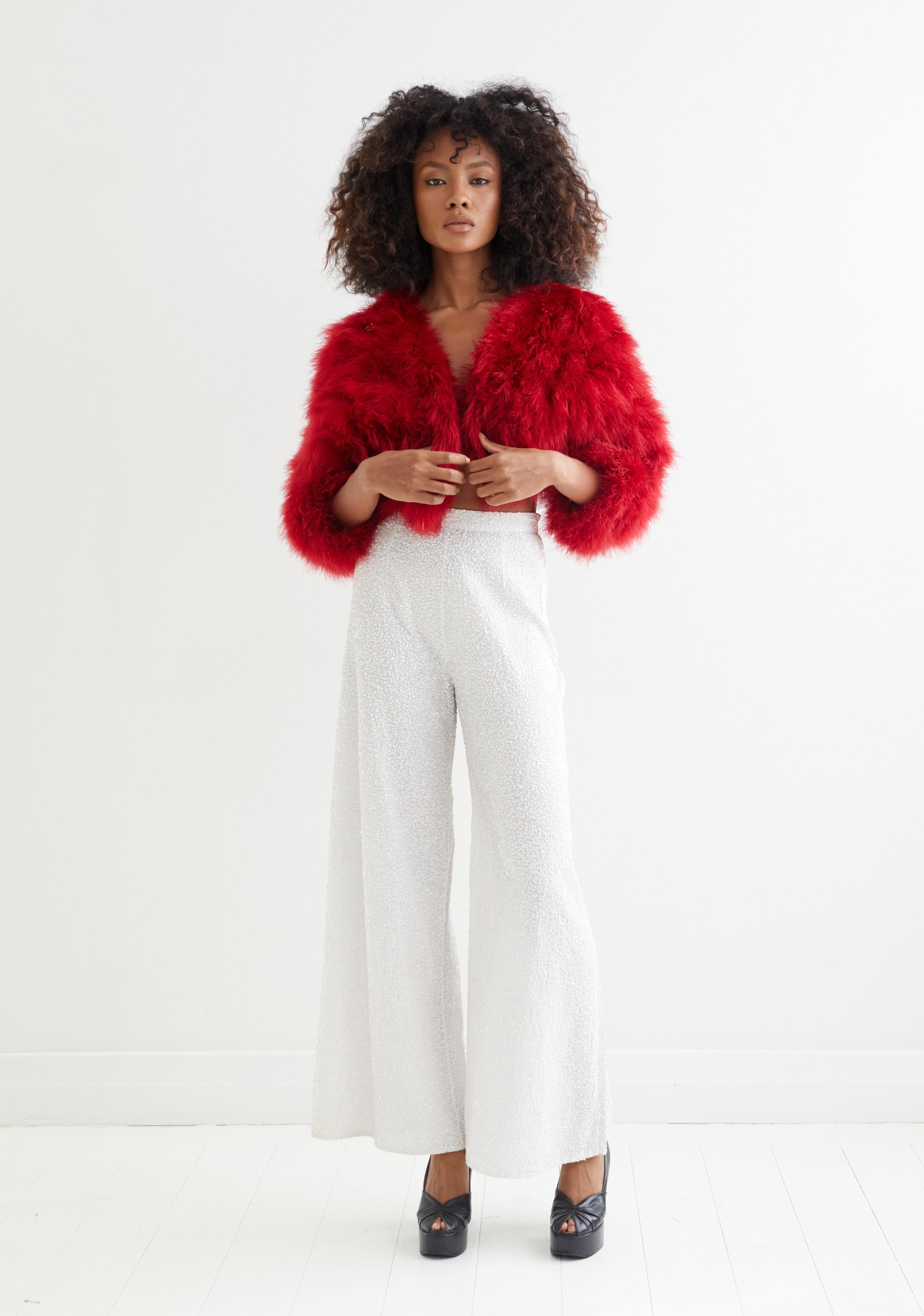 Red Chantal Thomass F/W 1990 Runway Numbered Ostrich Feather Marabou Bolero