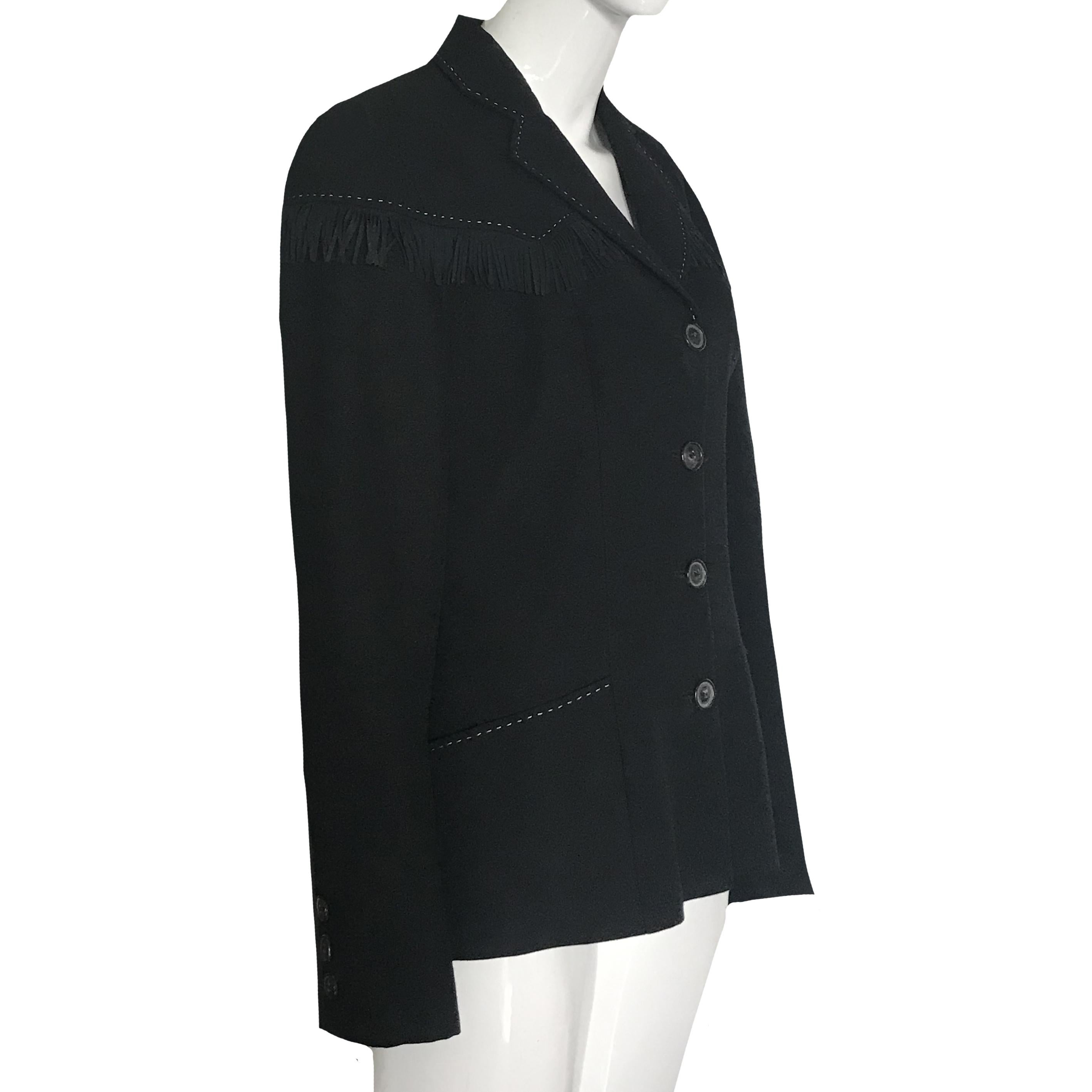 CHANTAL THOMASS Fall 1993 Black tailored jacket

Tag CHANTAL THOMASS

Size M

Measurements: Shoulder: 47cm

Length: 60cm

Sleeve: 50cm

Chest 47cm

Material: 100% Wool

Lining: 100% acetate

Fringes: 60% nylon/ 40% spandex

2 pockets on the front/