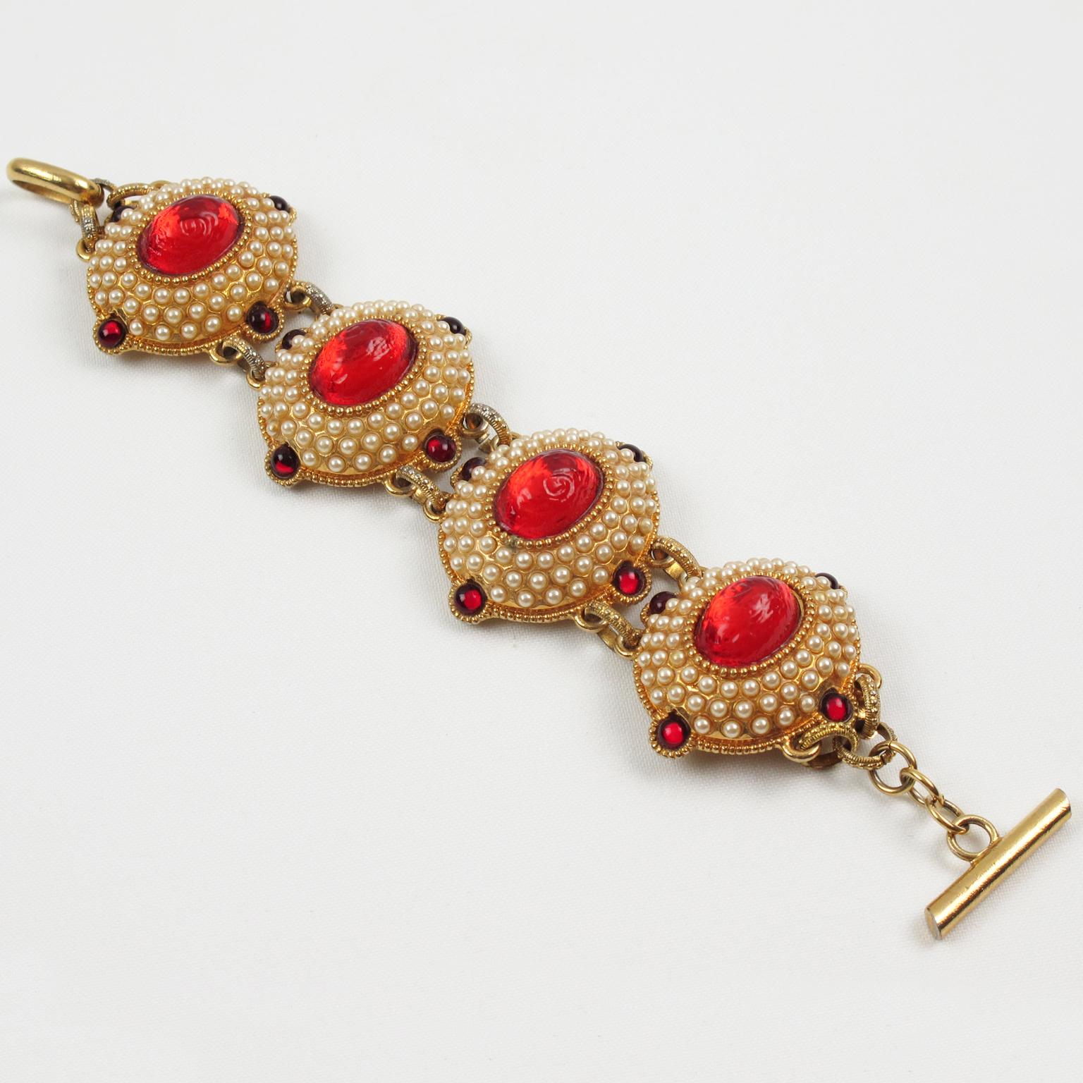 Modern Chantal Thomass Jeweled Bracelet Pearl and Red Cabochons For Sale