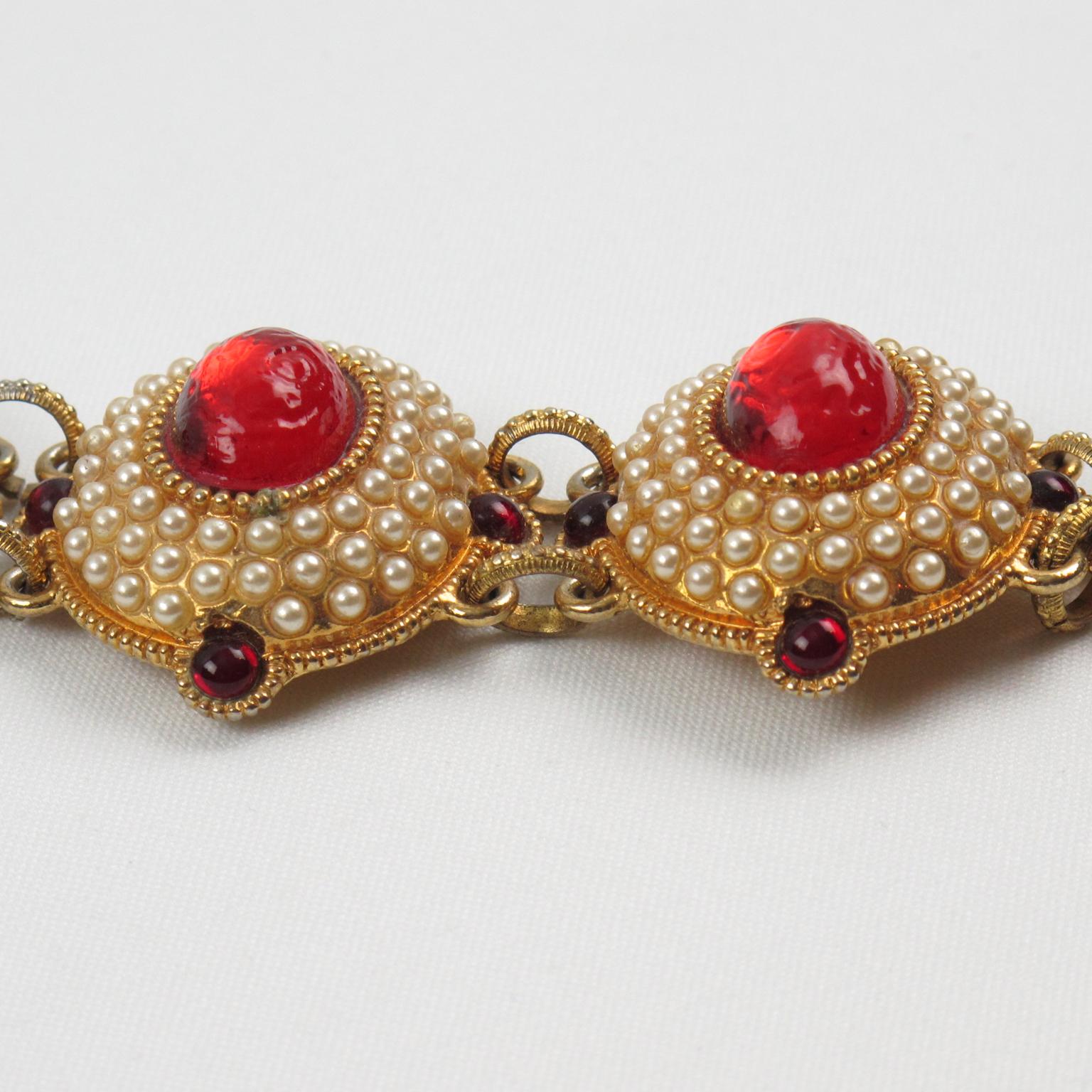 Chantal Thomass Jeweled Bracelet Pearl and Red Cabochons In Good Condition For Sale In Atlanta, GA