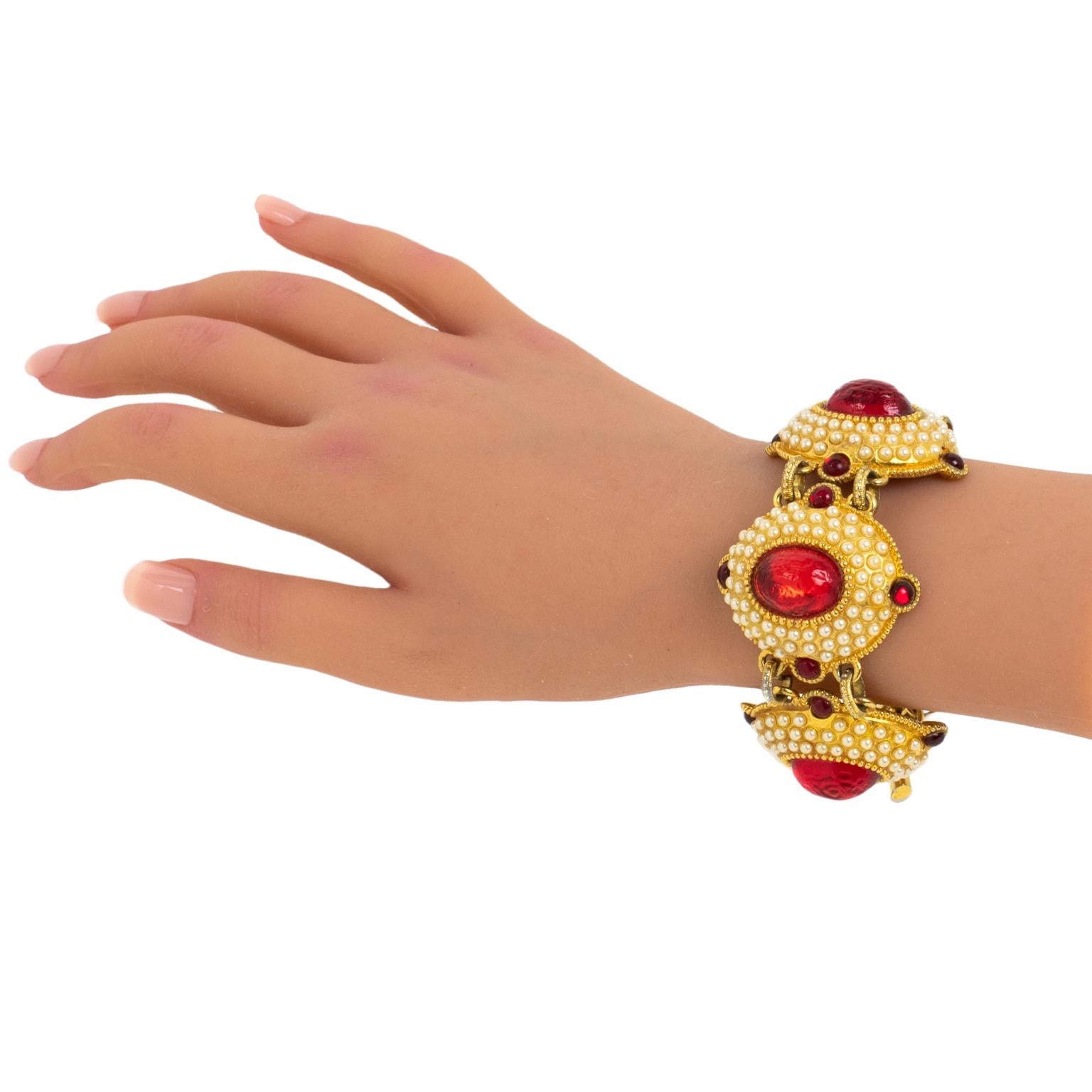 Chantal Thomass Jeweled Bracelet Pearl and Red Cabochons For Sale 3