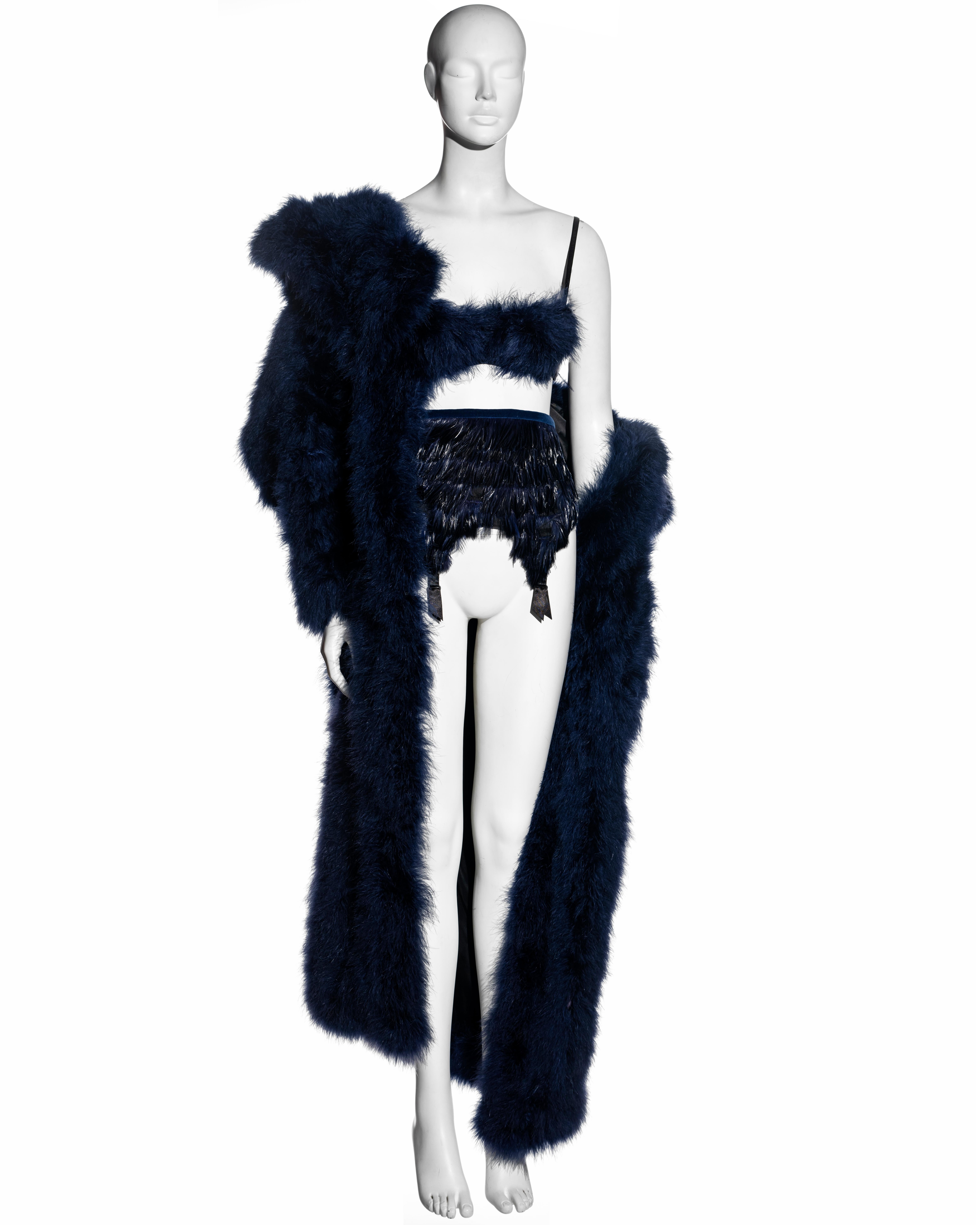 Chantal Thomass navy blue marabou coat, bra and garter belt 3-piece set, fw  1993 For Sale at 1stDibs
